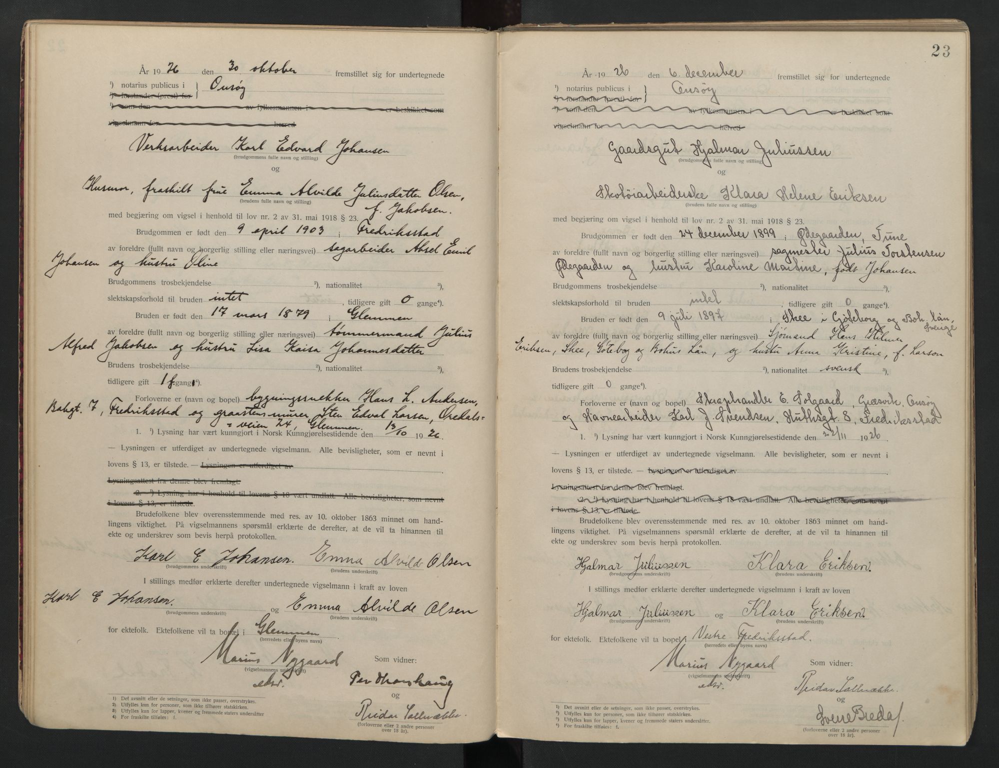 Onsøy sorenskriveri, AV/SAO-A-10474/L/La/L0001: Vigselsbok, 1920-1942, p. 23