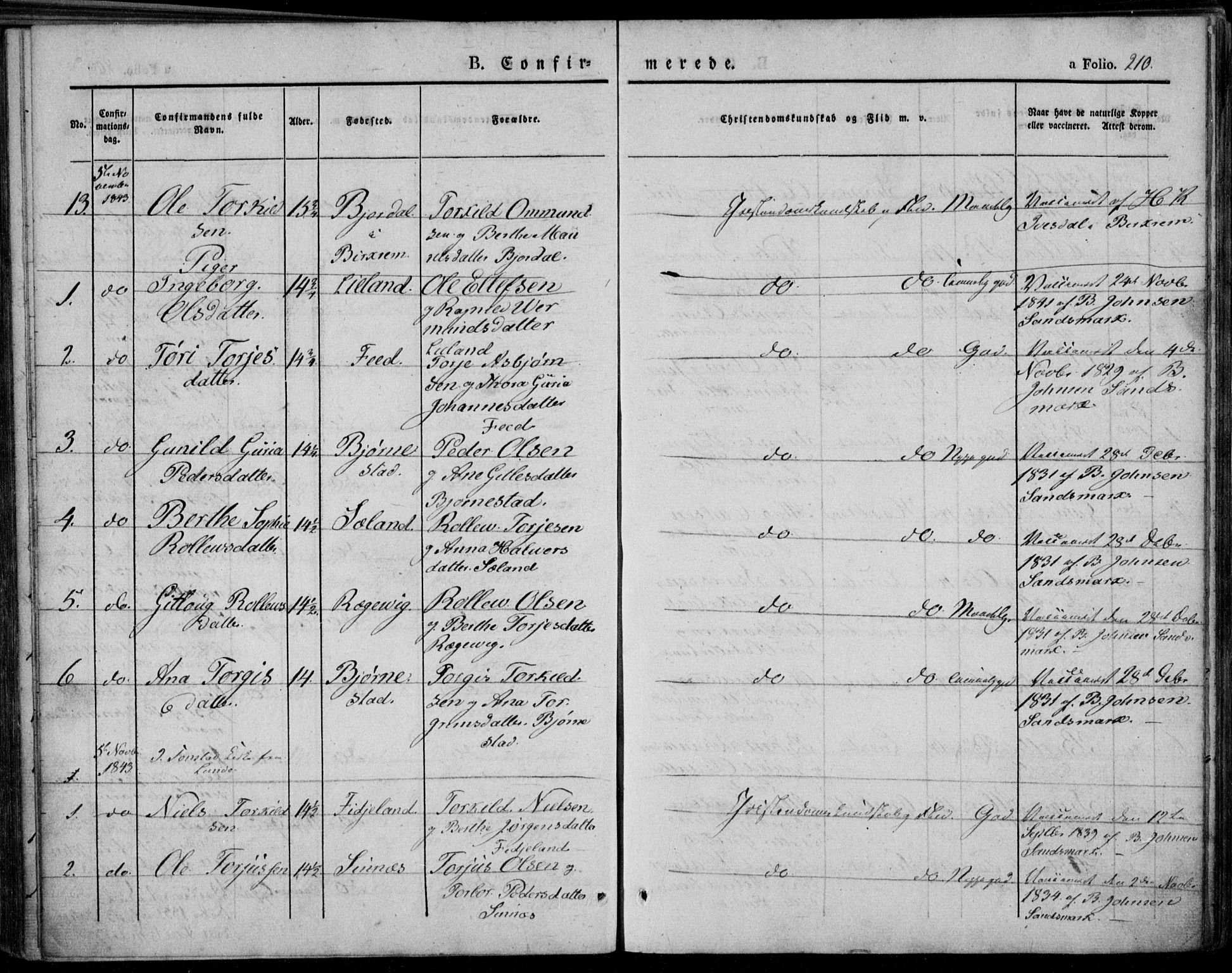 Bakke sokneprestkontor, AV/SAK-1111-0002/F/Fa/Faa/L0004: Parish register (official) no. A 4, 1834-1846, p. 210