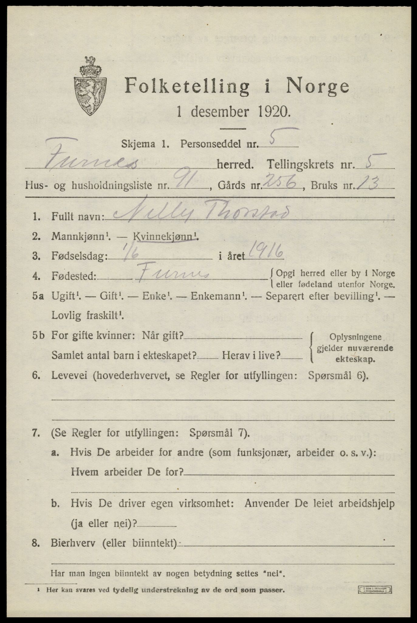 SAH, 1920 census for Furnes, 1920, p. 8157