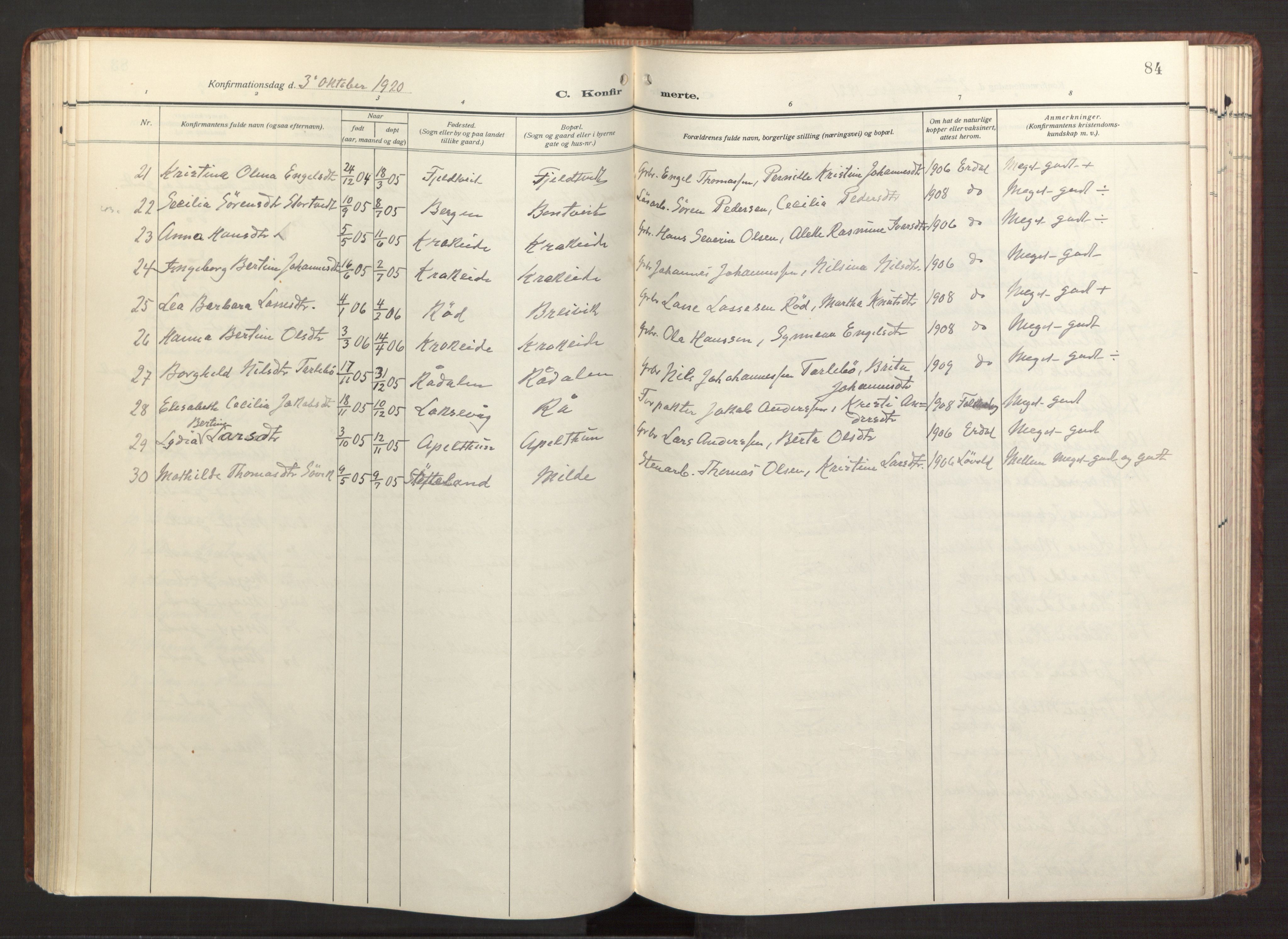 Fana Sokneprestembete, AV/SAB-A-75101/H/Haa/Haab/L0005: Parish register (official) no. B 5, 1915-1923, p. 84