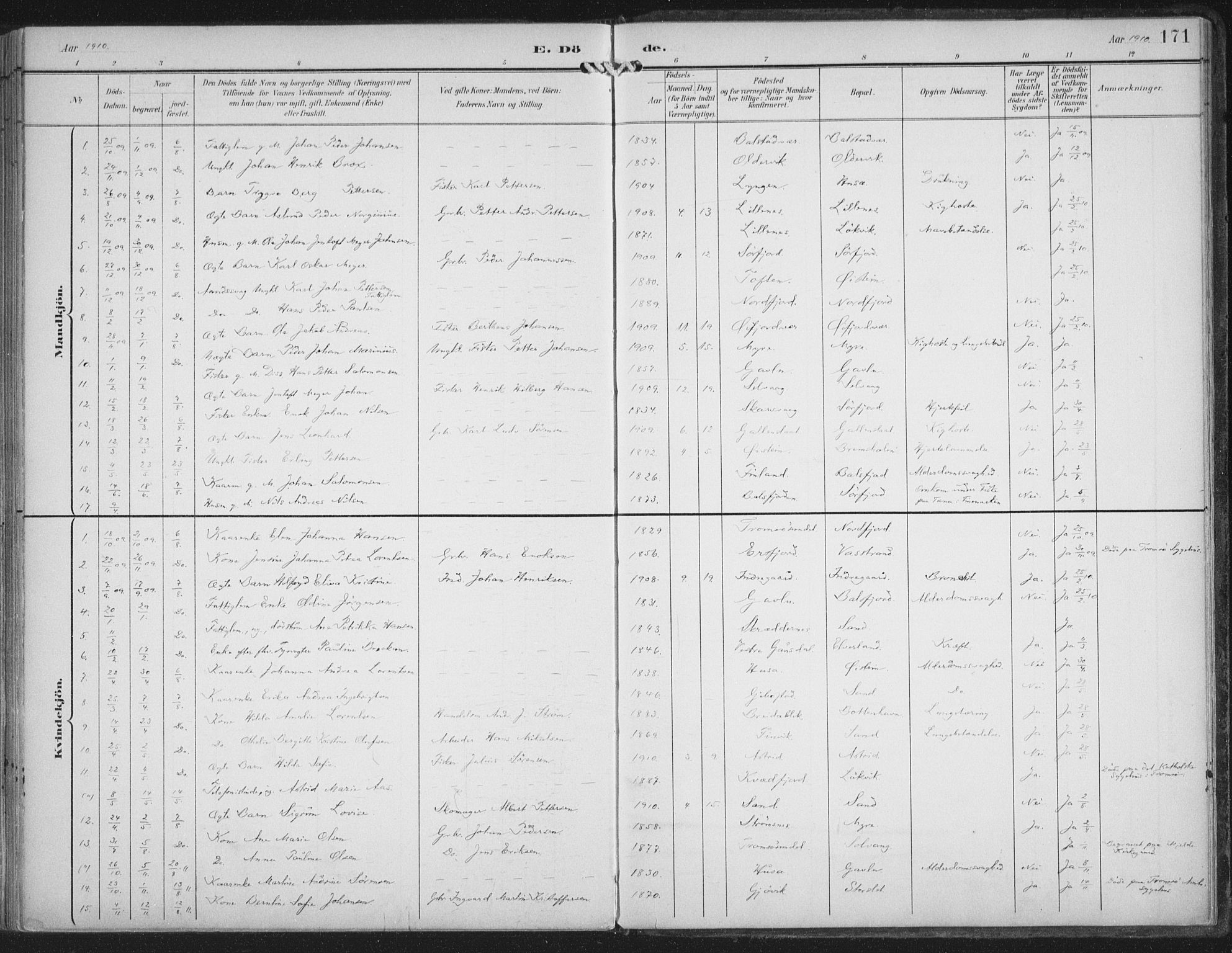 Lenvik sokneprestembete, AV/SATØ-S-1310/H/Ha/Haa/L0015kirke: Parish register (official) no. 15, 1896-1915, p. 171