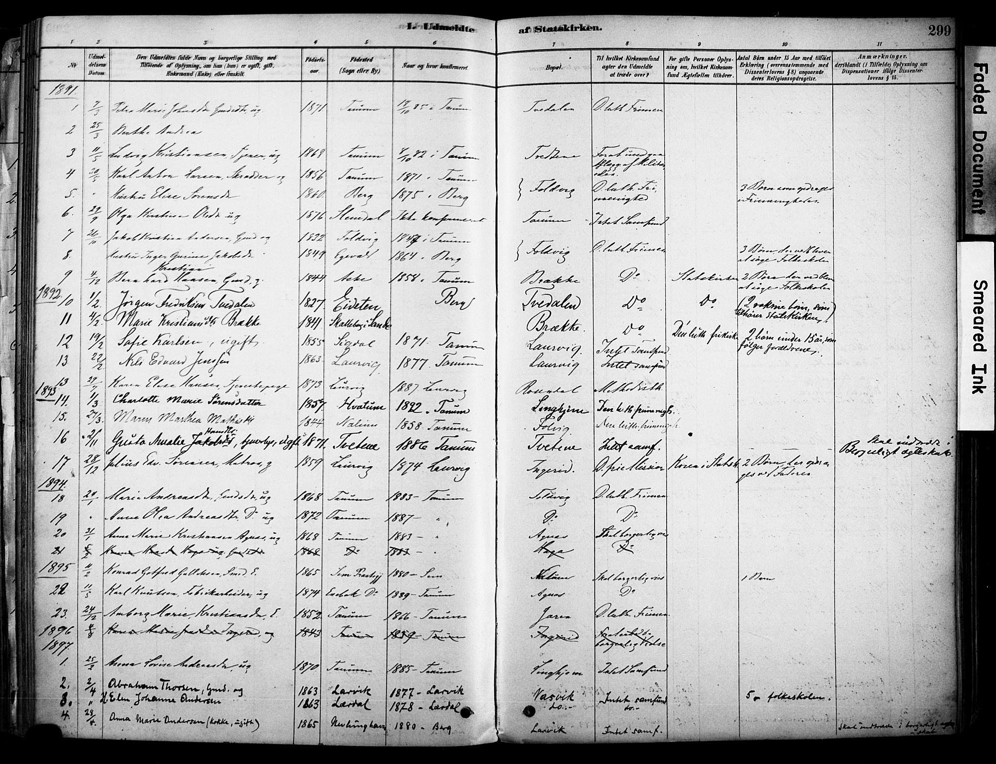 Brunlanes kirkebøker, AV/SAKO-A-342/F/Fc/L0001: Parish register (official) no. III 1, 1878-1899, p. 299