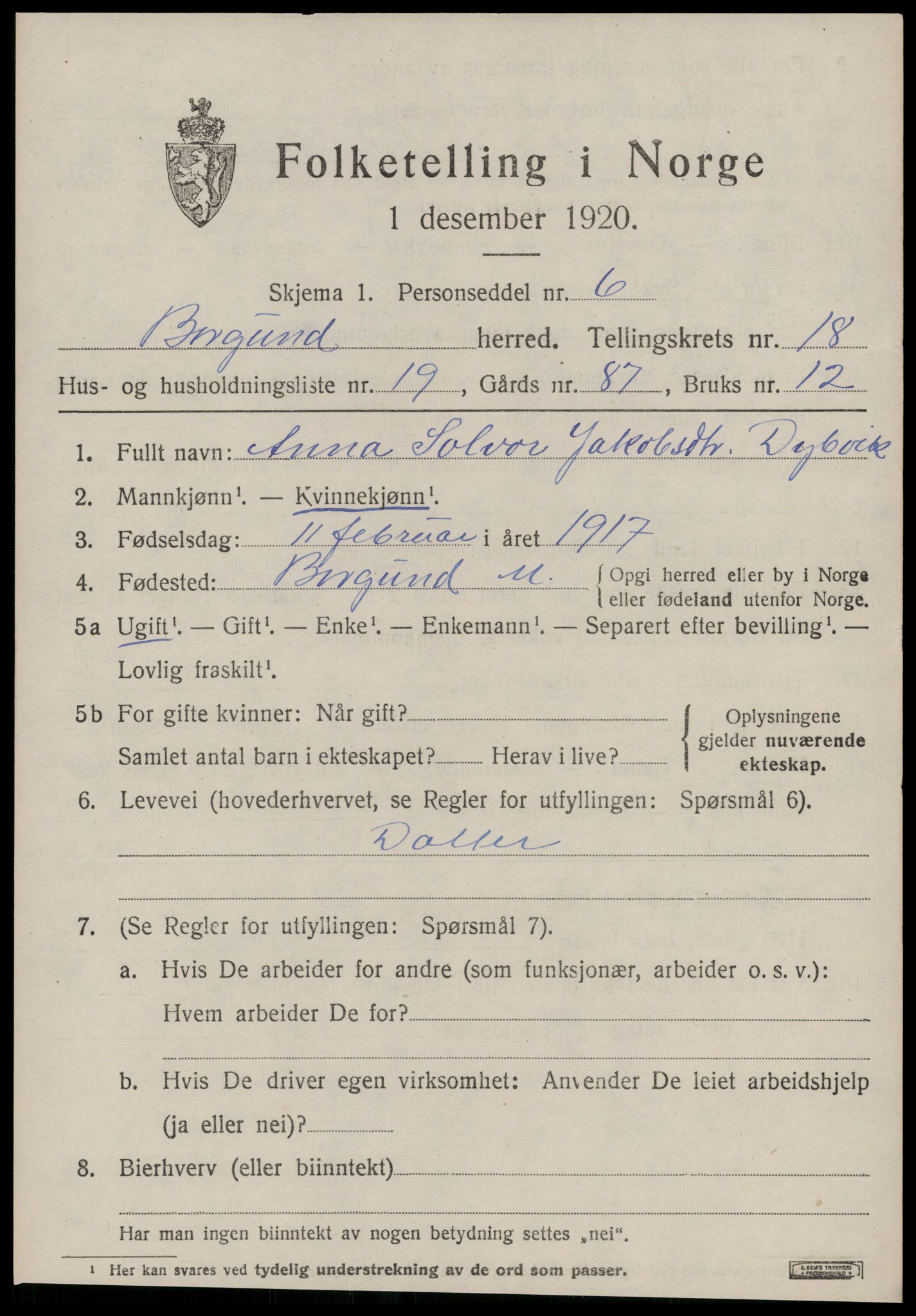 SAT, 1920 census for Borgund, 1920, p. 13268