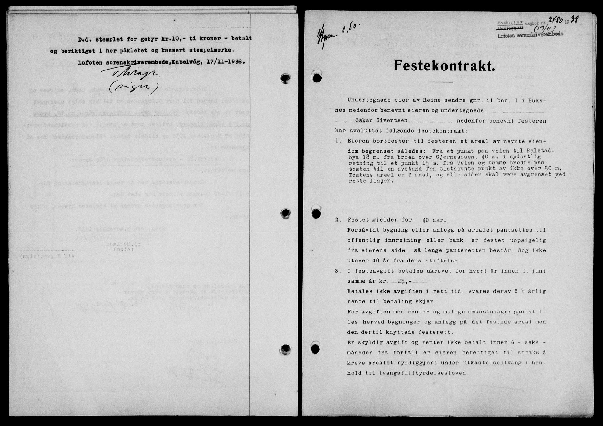 Lofoten sorenskriveri, SAT/A-0017/1/2/2C/L0004a: Mortgage book no. 4a, 1938-1938, Diary no: : 2480/1938