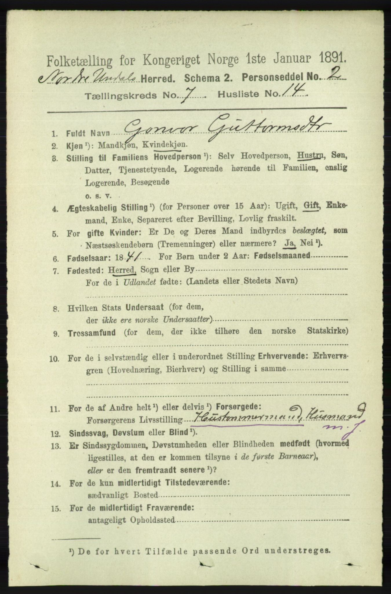 RA, 1891 census for 1028 Nord-Audnedal, 1891, p. 1872