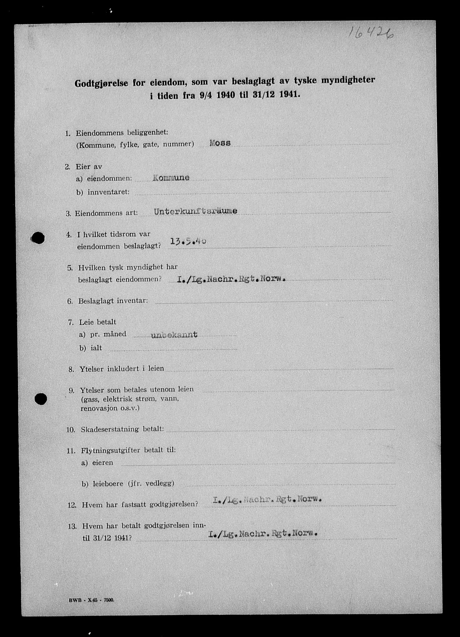 Justisdepartementet, Tilbakeføringskontoret for inndratte formuer, AV/RA-S-1564/I/L1010: Godtgjørelse for beslaglagt eiendom, 1940-1941, p. 14