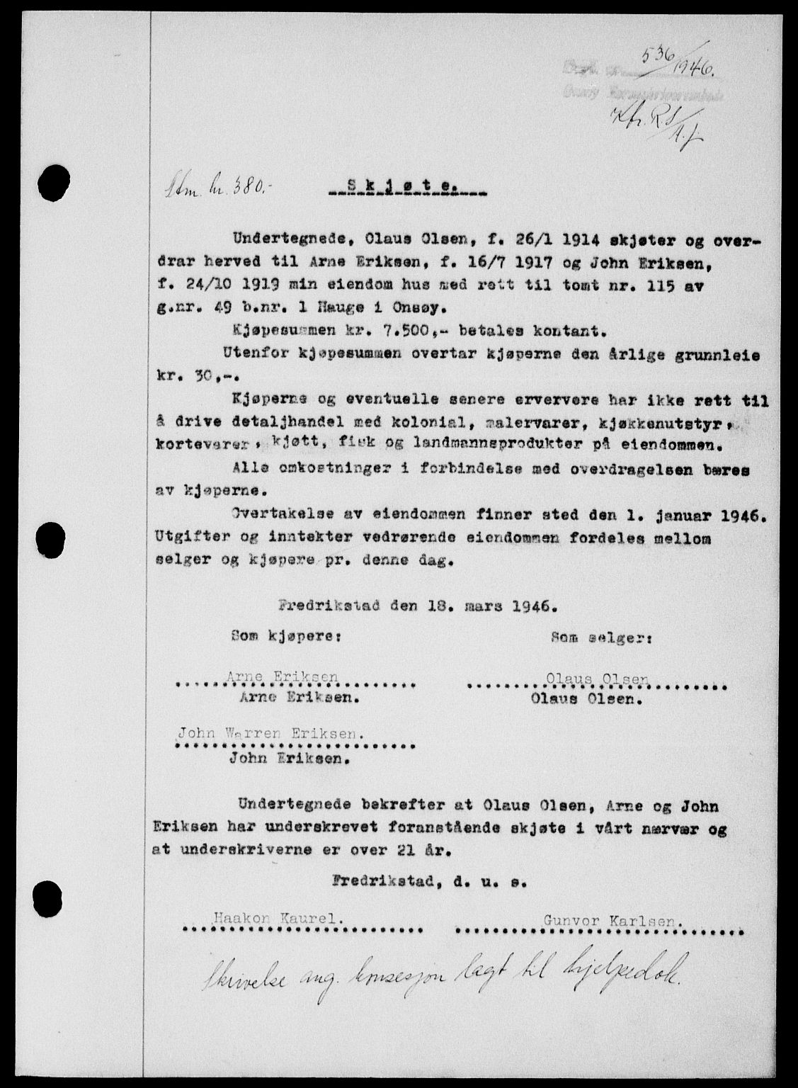 Onsøy sorenskriveri, SAO/A-10474/G/Ga/Gab/L0015: Mortgage book no. II A-15, 1945-1946, Diary no: : 536/1946