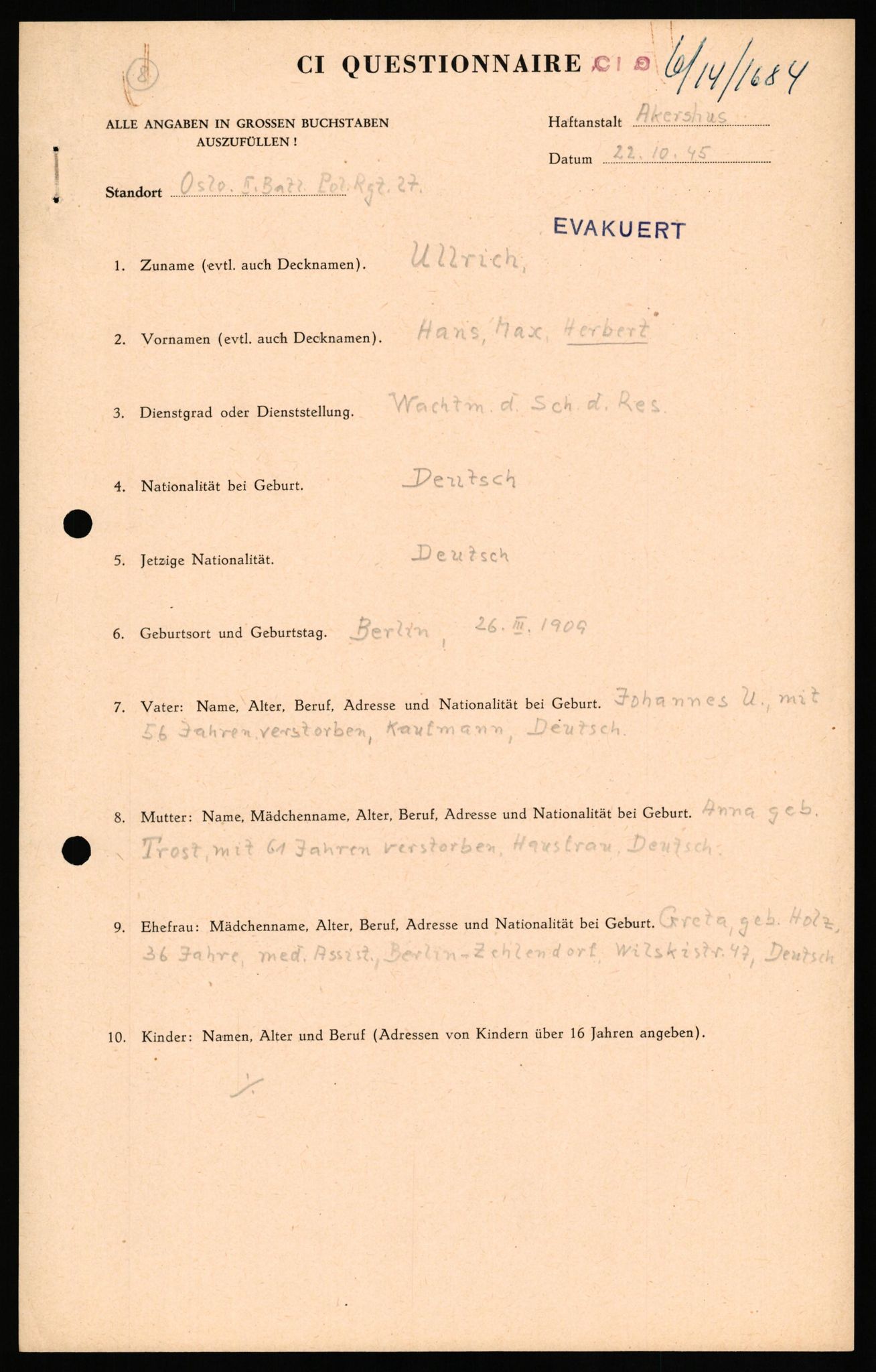 Forsvaret, Forsvarets overkommando II, AV/RA-RAFA-3915/D/Db/L0034: CI Questionaires. Tyske okkupasjonsstyrker i Norge. Tyskere., 1945-1946, p. 160