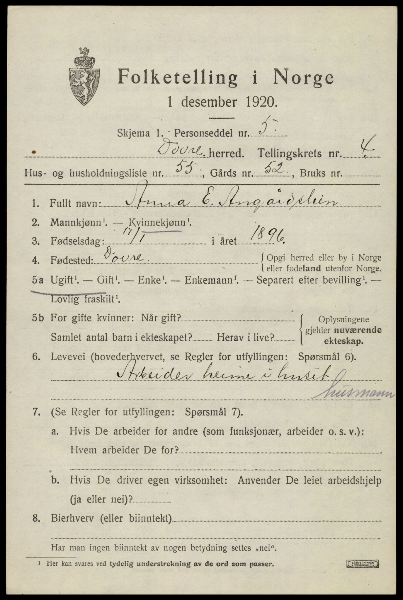 SAH, 1920 census for Dovre, 1920, p. 5172