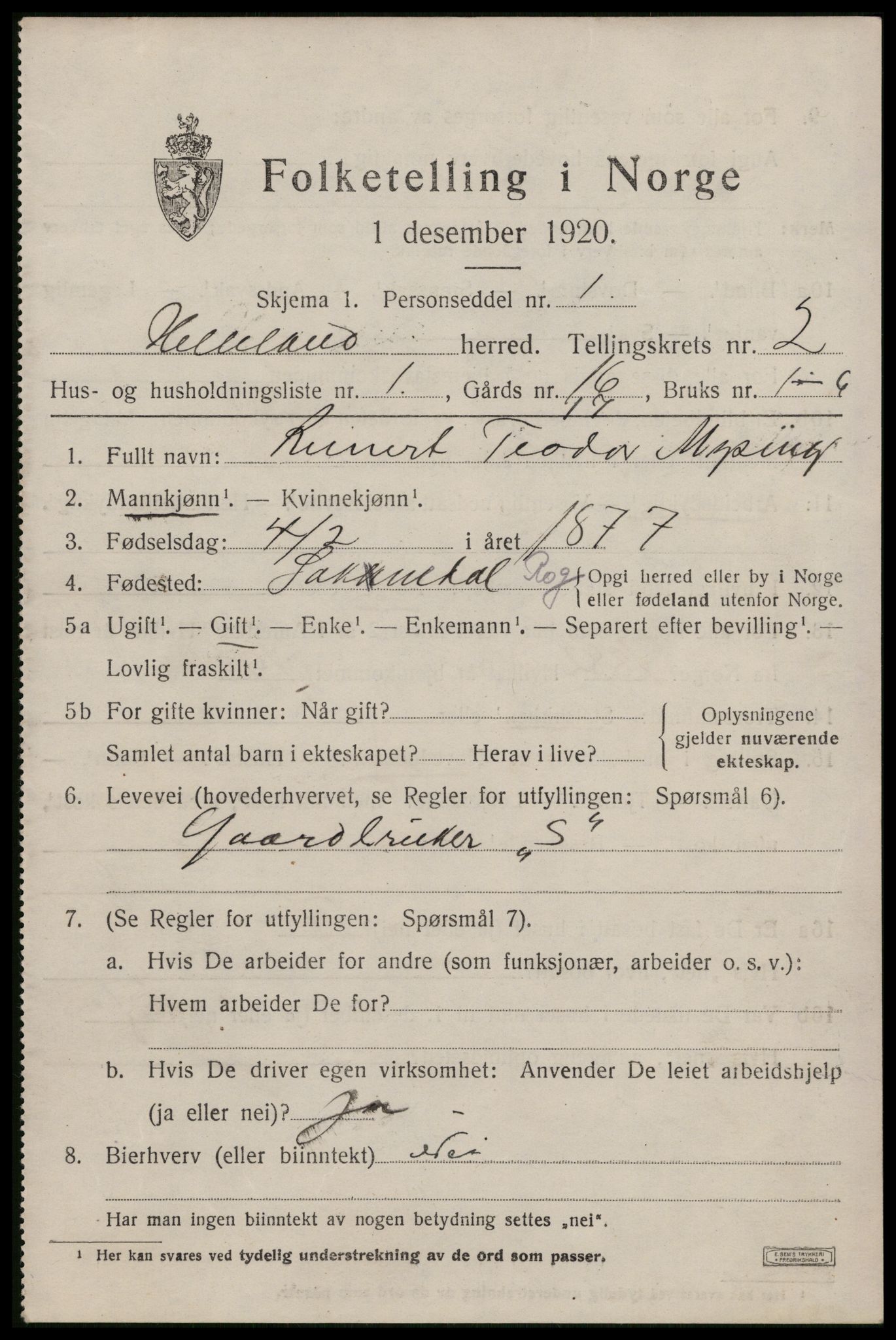 SAST, 1920 census for Helleland, 1920, p. 985