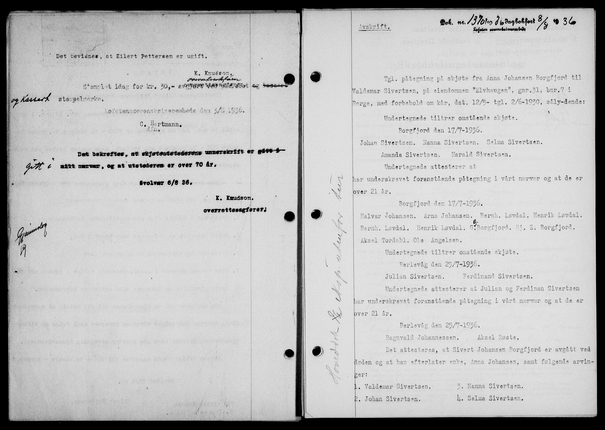Lofoten sorenskriveri, SAT/A-0017/1/2/2C/L0001a: Mortgage book no. 1a, 1936-1937, Diary no: : 1370/1936