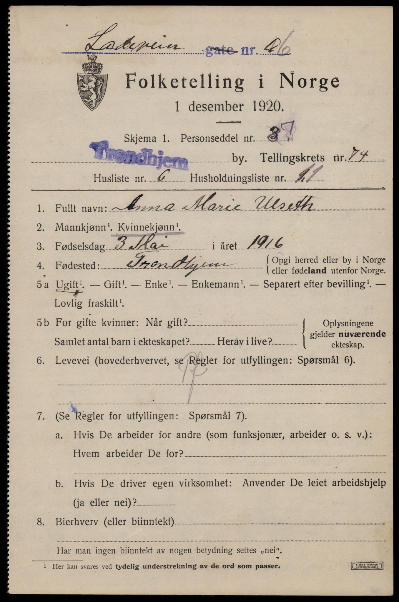 SAT, 1920 census for Trondheim, 1920, p. 144288