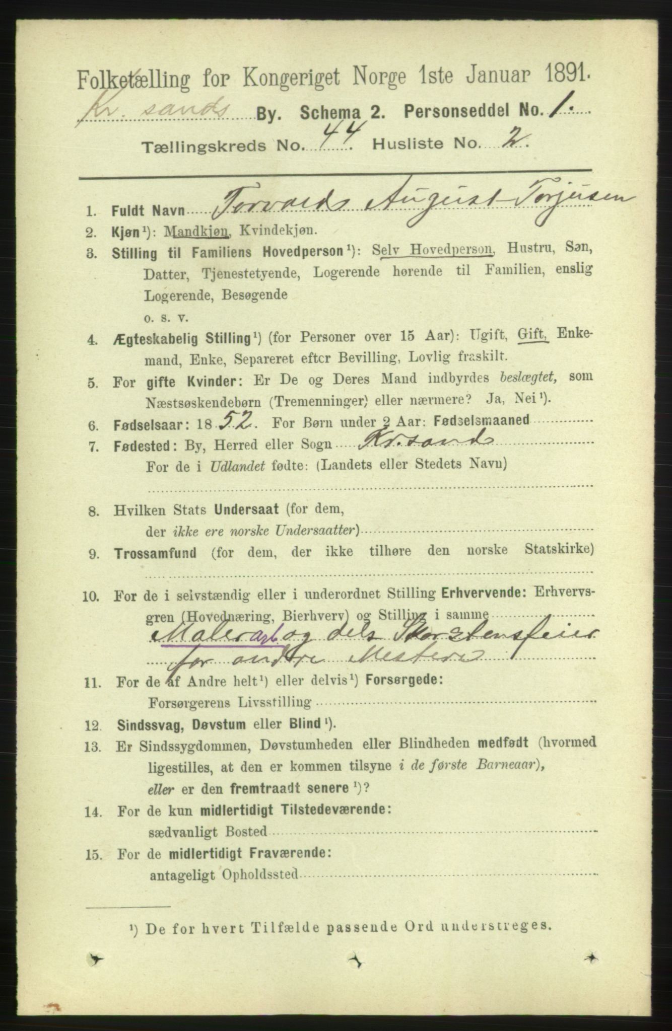 RA, 1891 census for 1001 Kristiansand, 1891, p. 13318