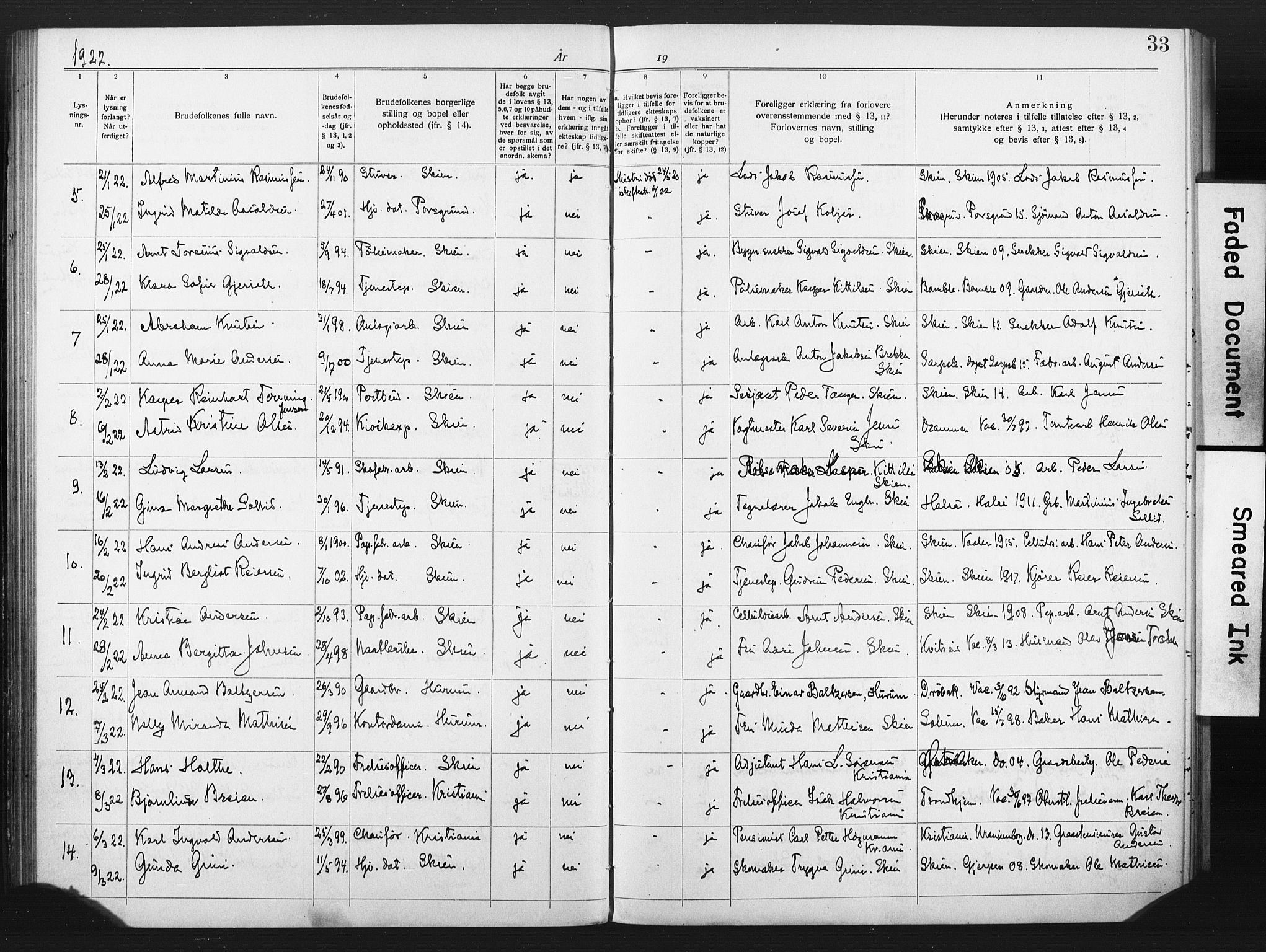 Skien kirkebøker, SAKO/A-302/H/Ha/L0001: Banns register no. 1, 1919-1929, p. 33