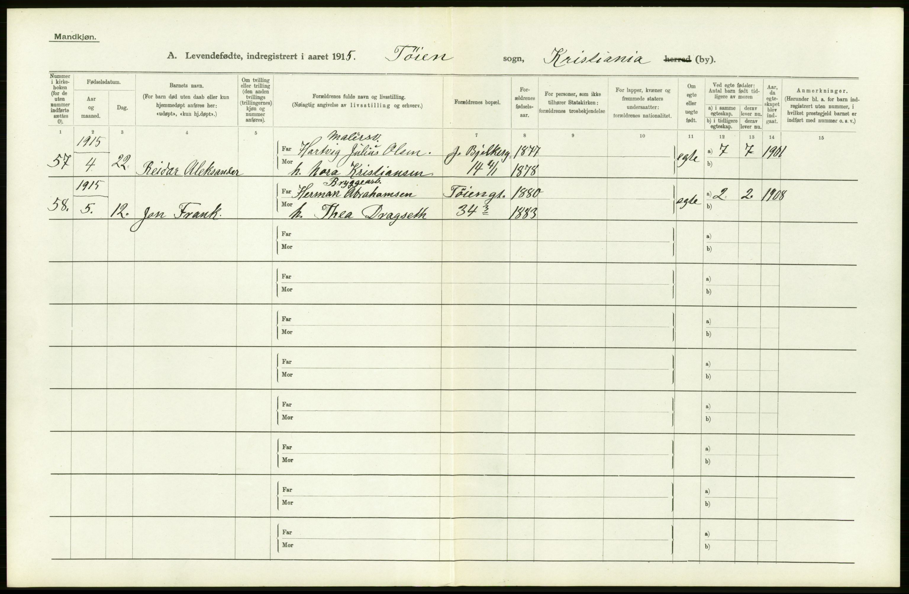 Statistisk sentralbyrå, Sosiodemografiske emner, Befolkning, RA/S-2228/D/Df/Dfb/Dfbe/L0006: Kristiania: Levendefødte menn og kvinner., 1915, p. 172