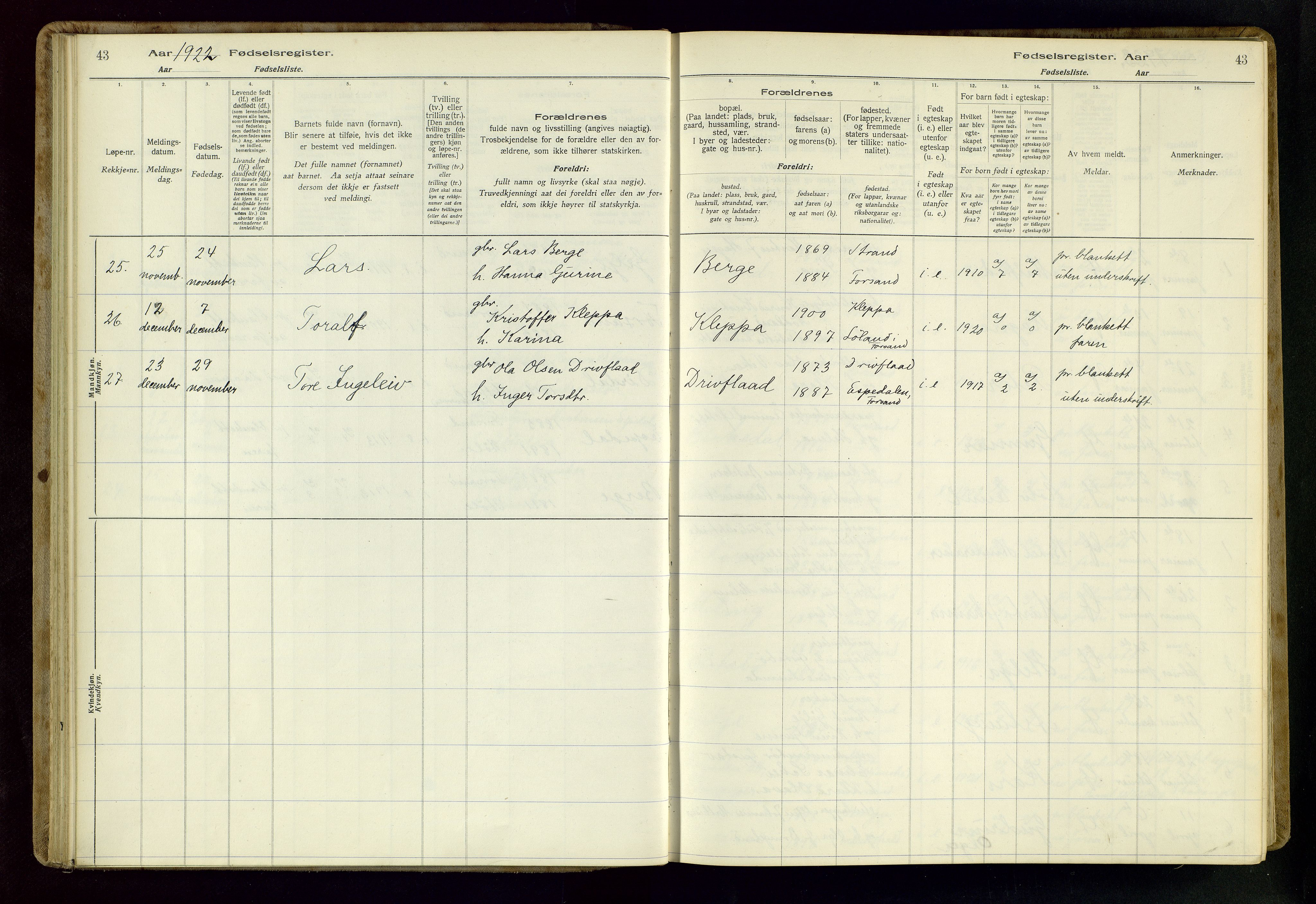 Høgsfjord sokneprestkontor, AV/SAST-A-101624/I/Id/L0002: Birth register no. 2, 1916-1959, p. 43