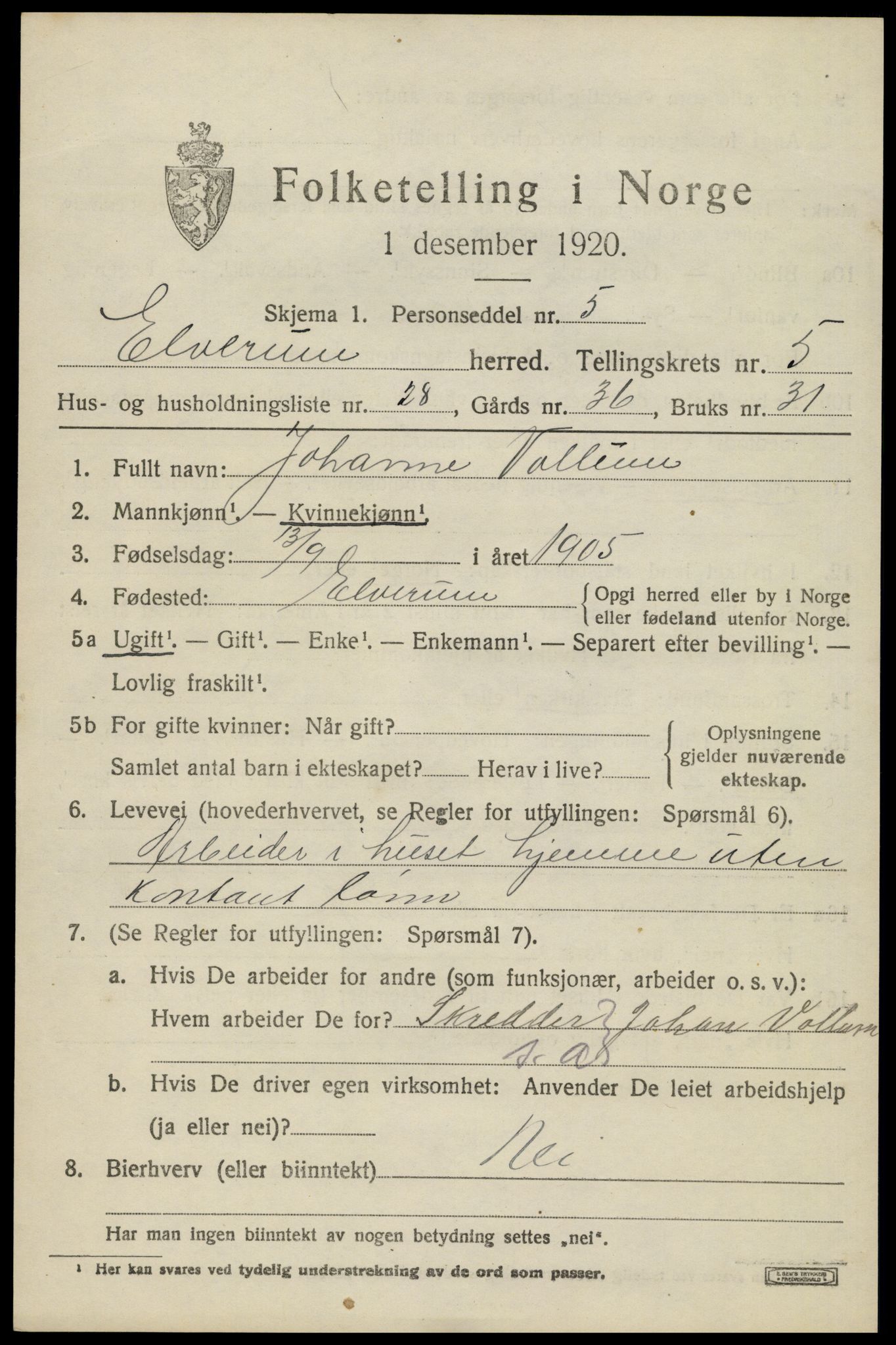 SAH, 1920 census for Elverum, 1920, p. 7818