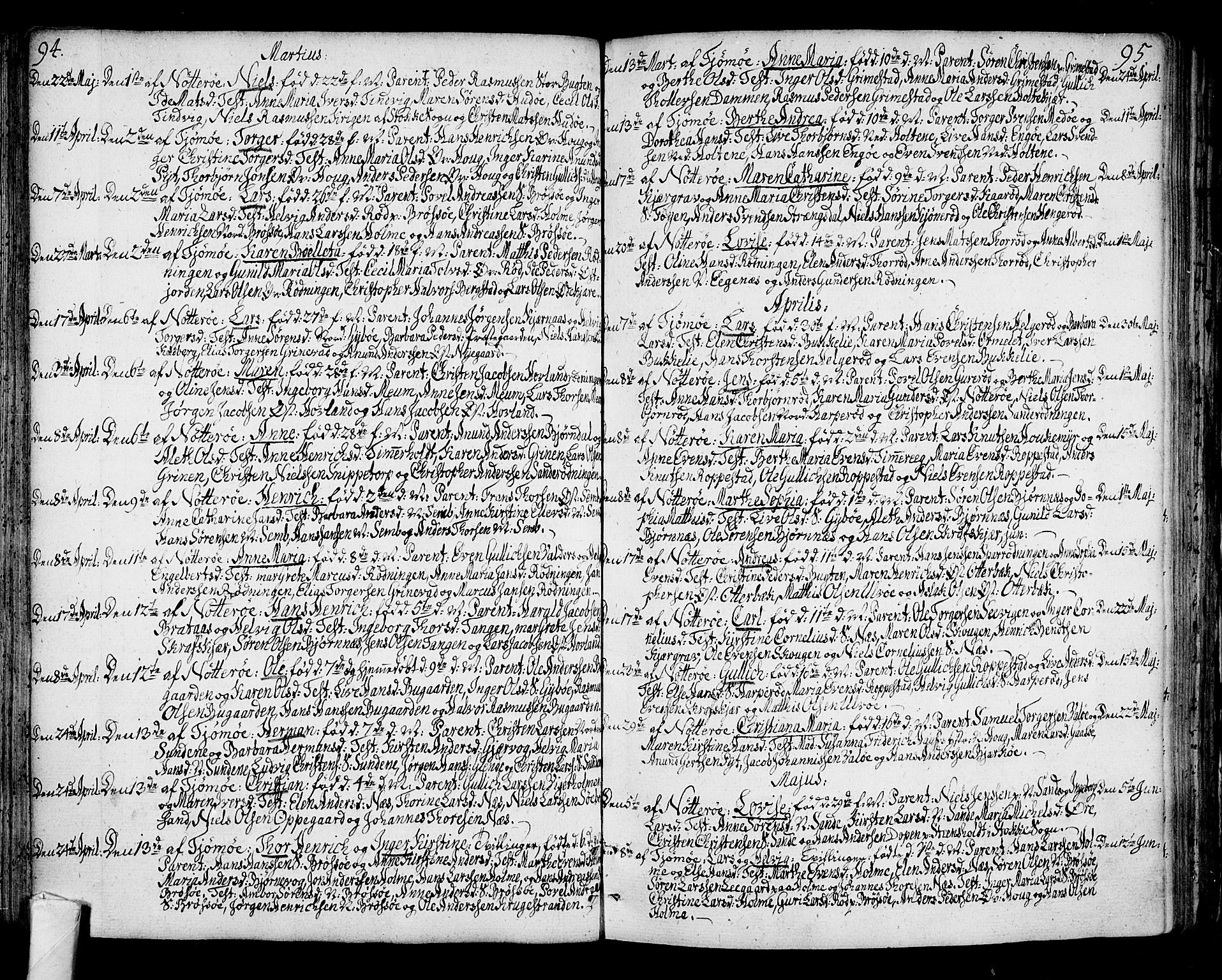 Nøtterøy kirkebøker, AV/SAKO-A-354/F/Fa/L0003: Parish register (official) no. I 3, 1791-1814, p. 94-95