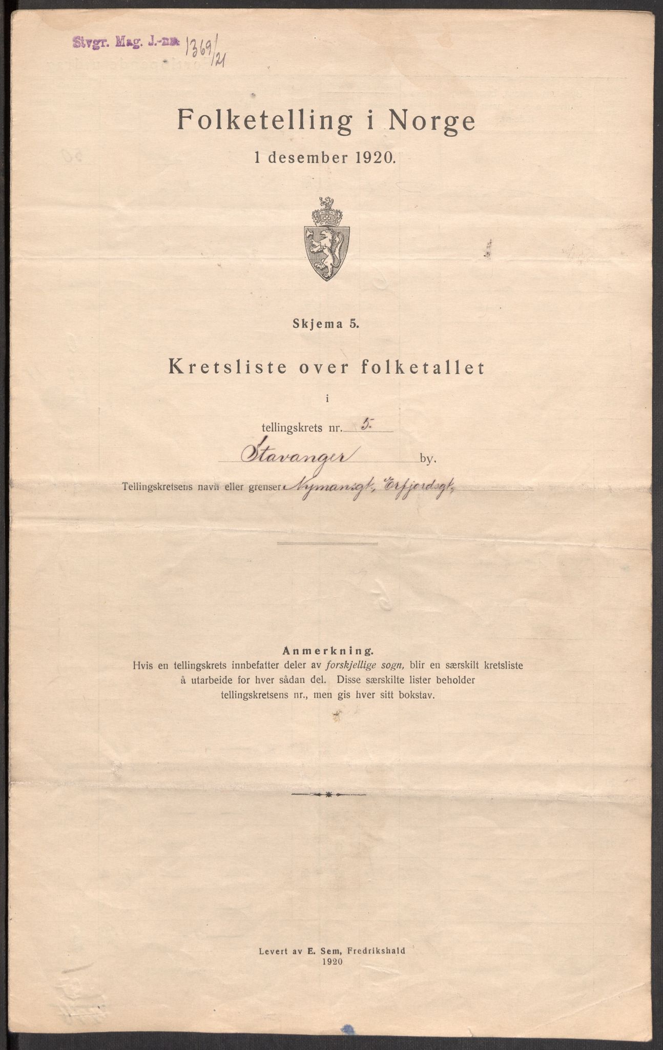 SAST, 1920 census for Stavanger, 1920, p. 19