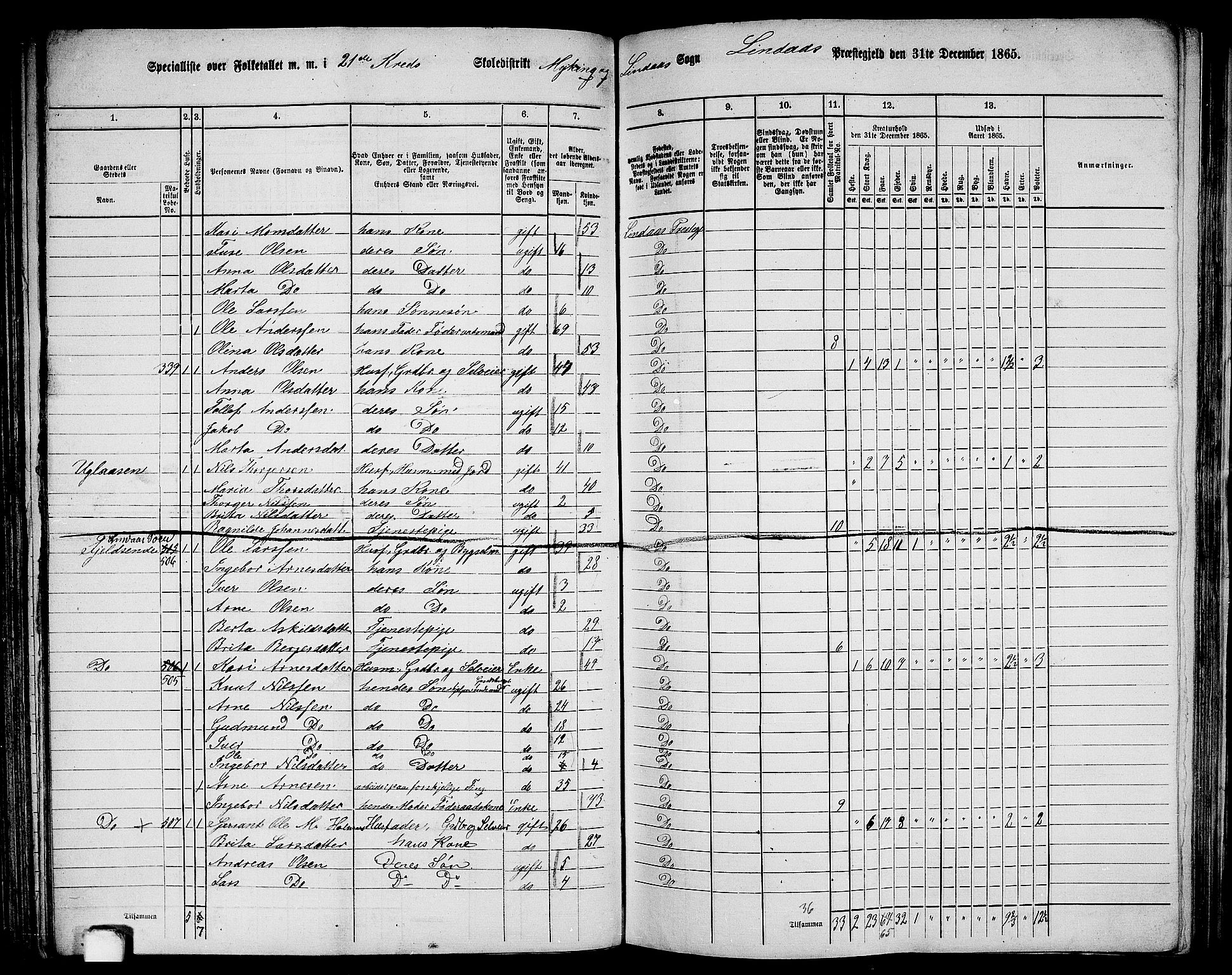 RA, 1865 census for Lindås, 1865, p. 141