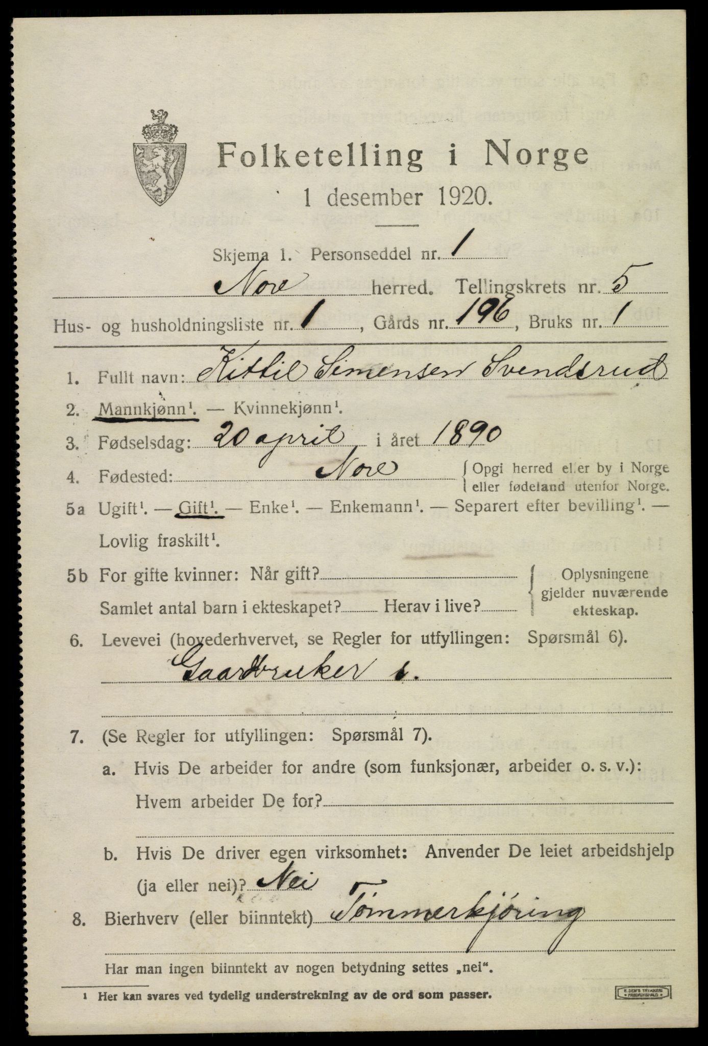 SAKO, 1920 census for Nore, 1920, p. 2210