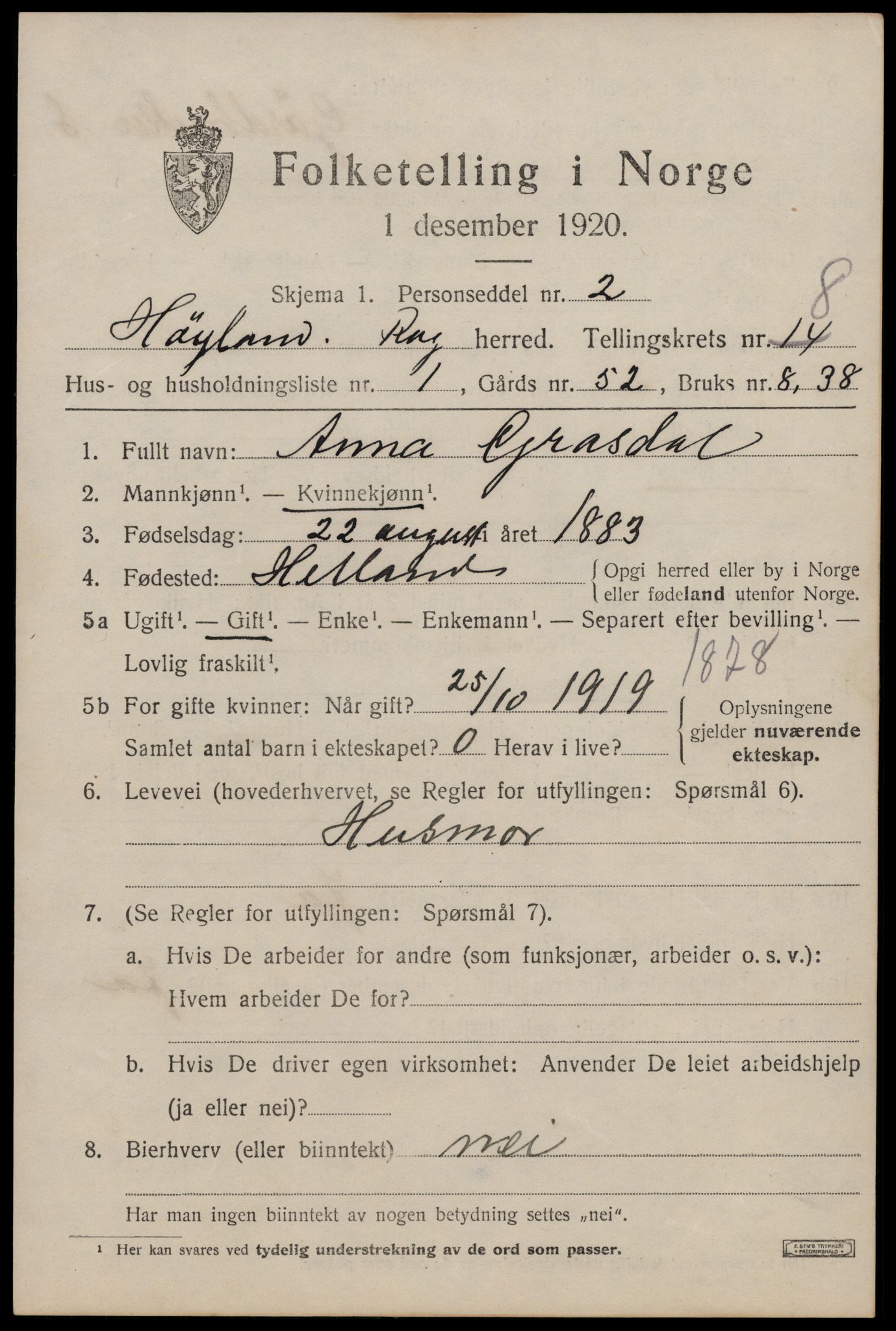 SAST, 1920 census for Høyland, 1920, p. 5274