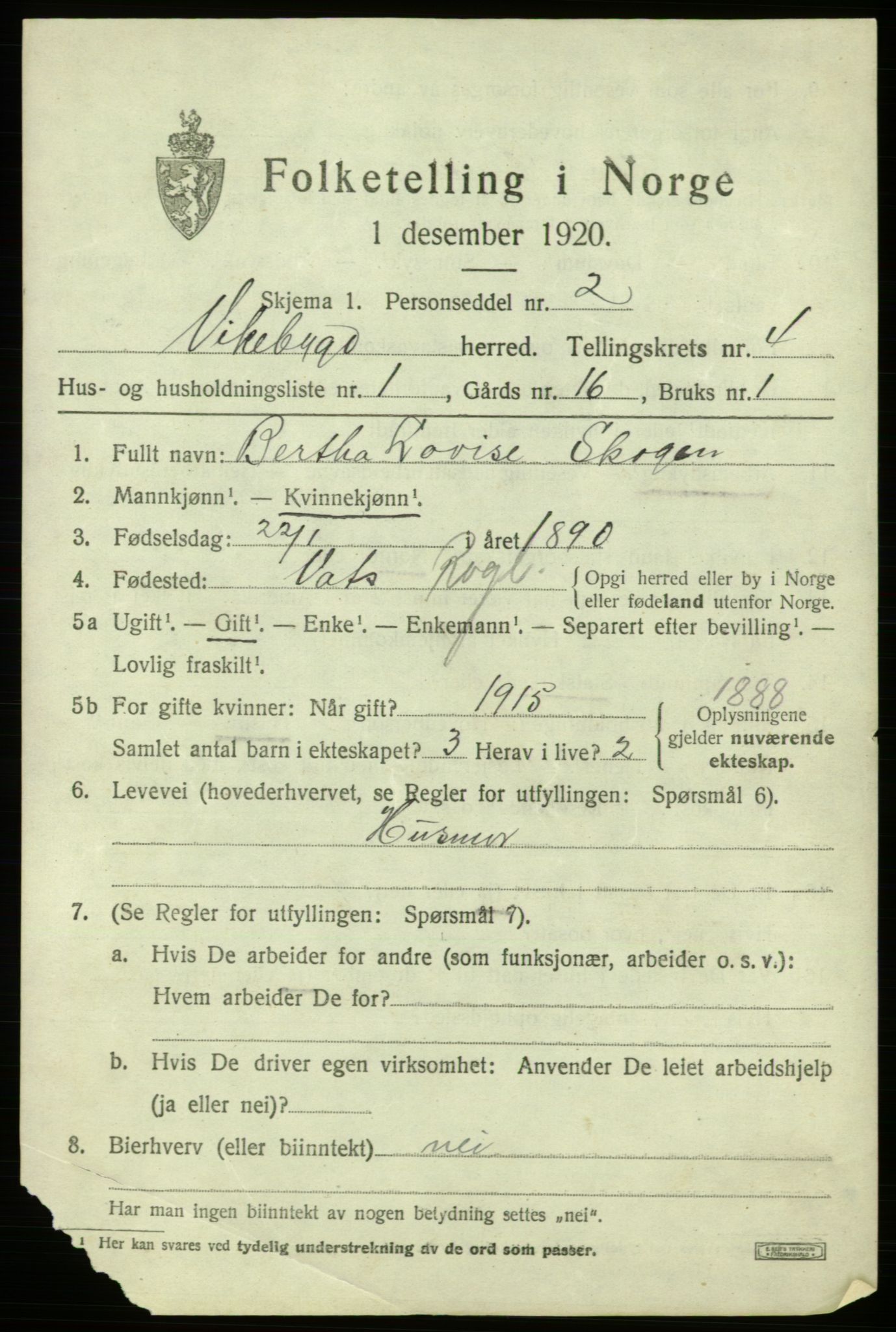 SAB, 1920 census for Vikebygd, 1920, p. 1557