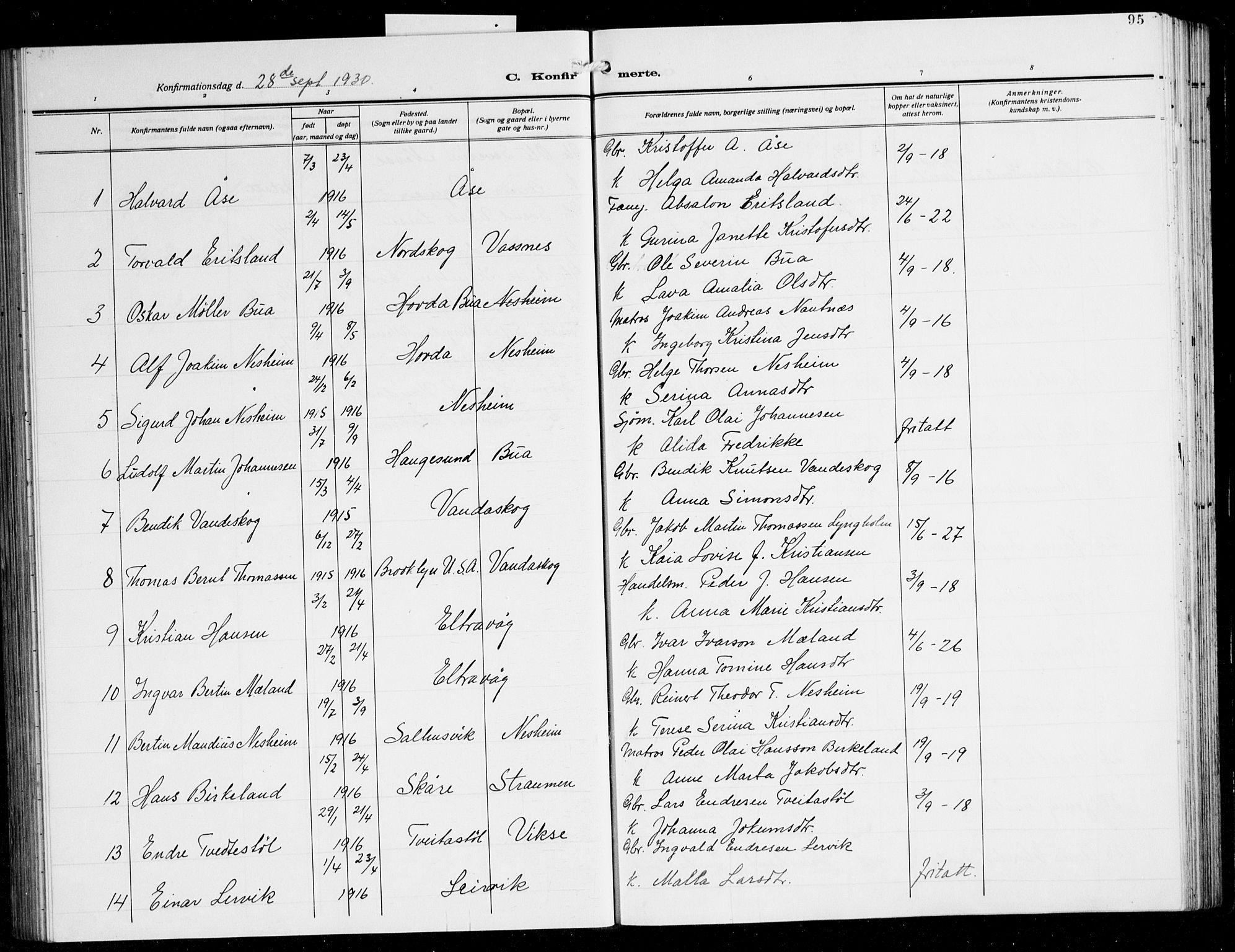 Sveio Sokneprestembete, AV/SAB-A-78501/H/Hab: Parish register (copy) no. A 6, 1927-1945, p. 95