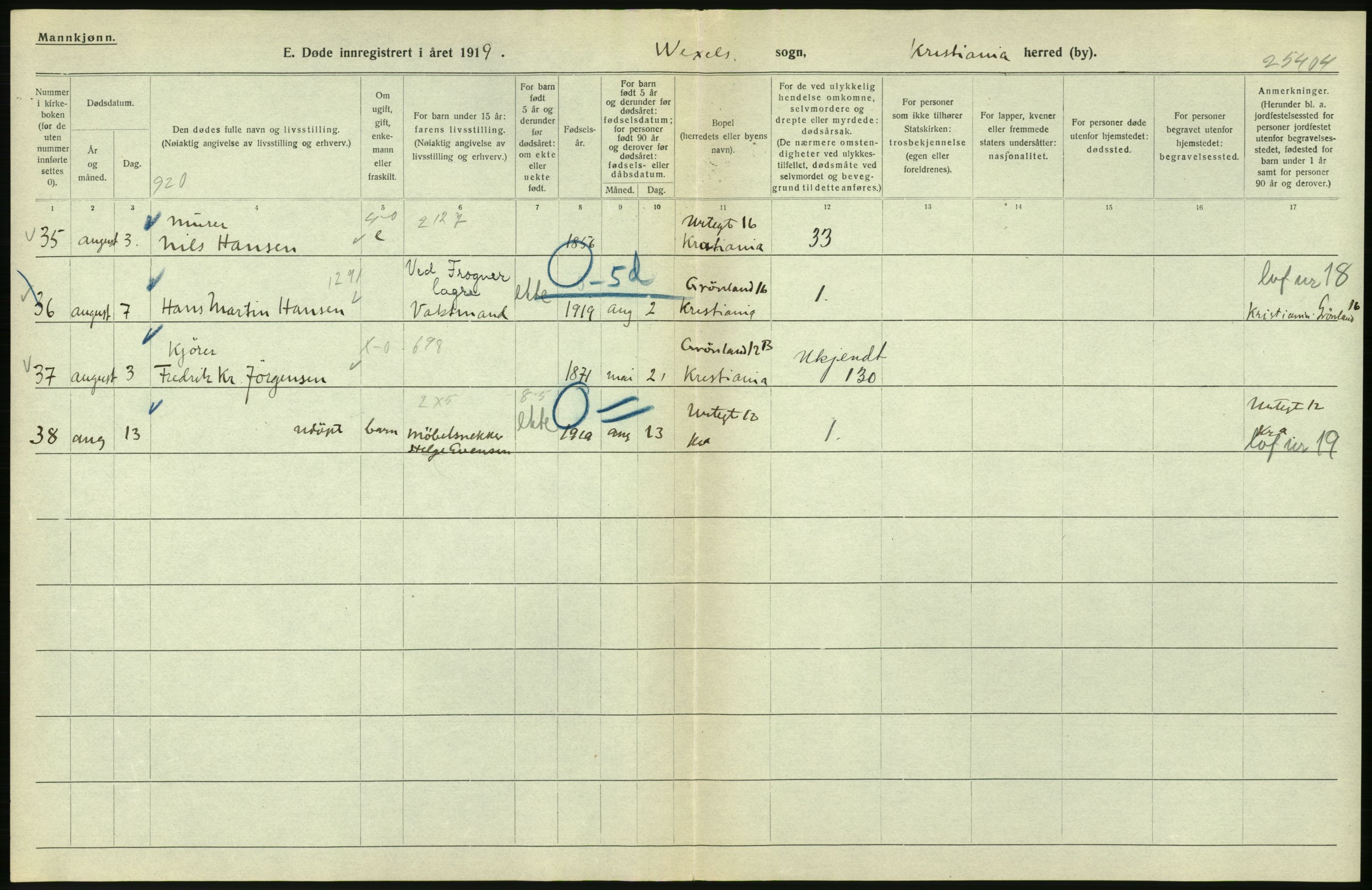 Statistisk sentralbyrå, Sosiodemografiske emner, Befolkning, AV/RA-S-2228/D/Df/Dfb/Dfbi/L0010: Kristiania: Døde, 1919, p. 100