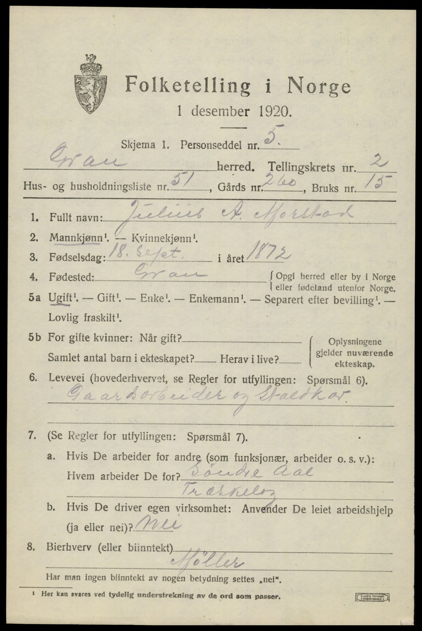 SAH, 1920 census for Gran, 1920, p. 3754