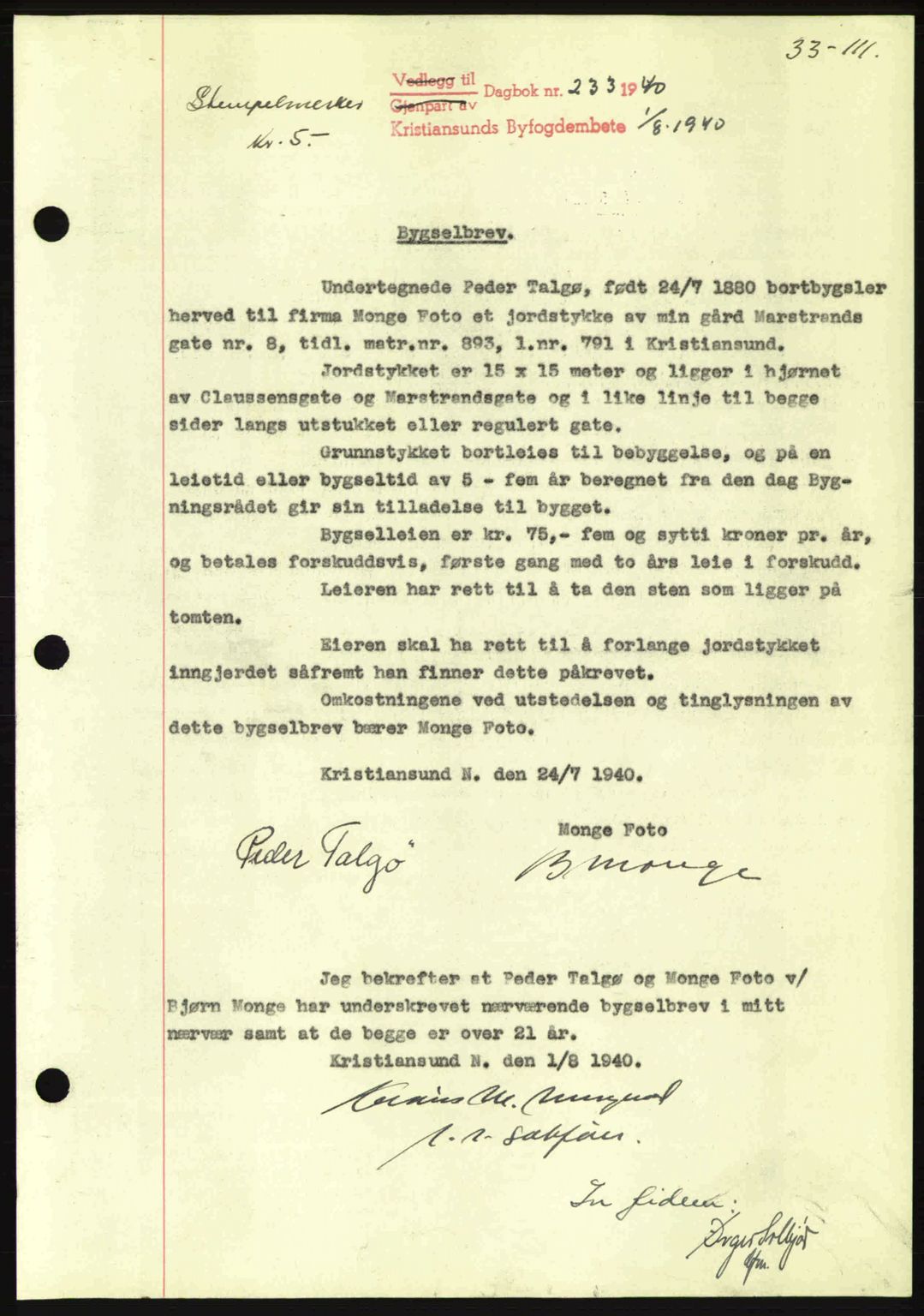 Kristiansund byfogd, AV/SAT-A-4587/A/27: Mortgage book no. 33, 1939-1941, Diary no: : 233/1940