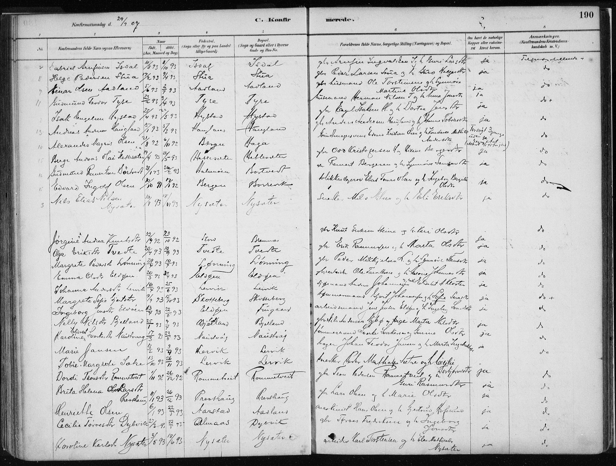 Stord sokneprestembete, AV/SAB-A-78201/H/Haa: Parish register (official) no. B 2, 1878-1913, p. 190