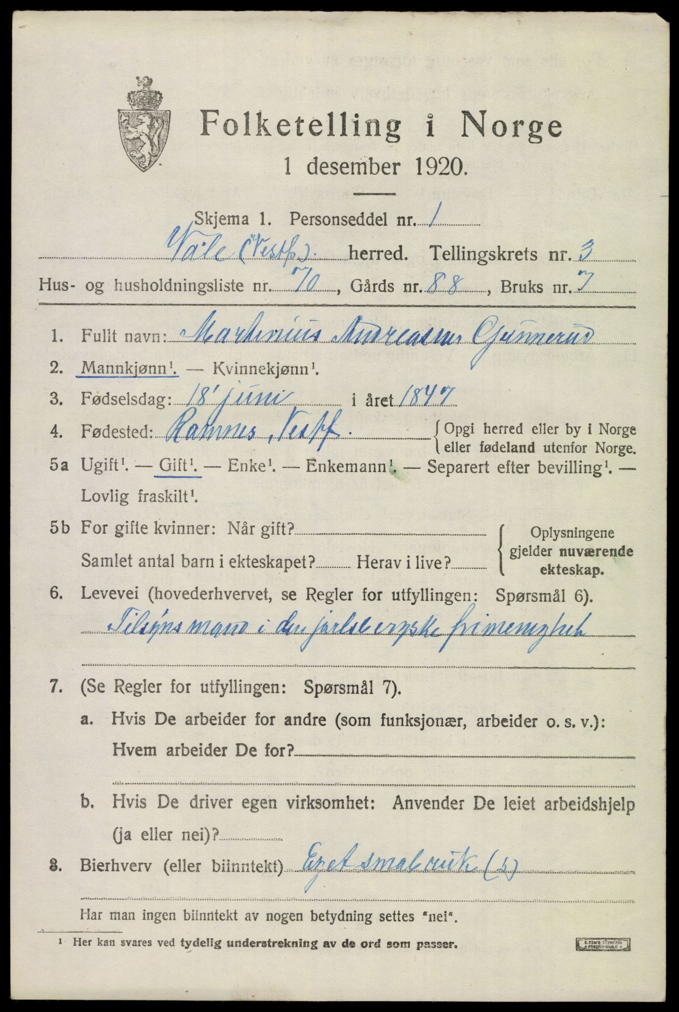 SAKO, 1920 census for Våle, 1920, p. 3136