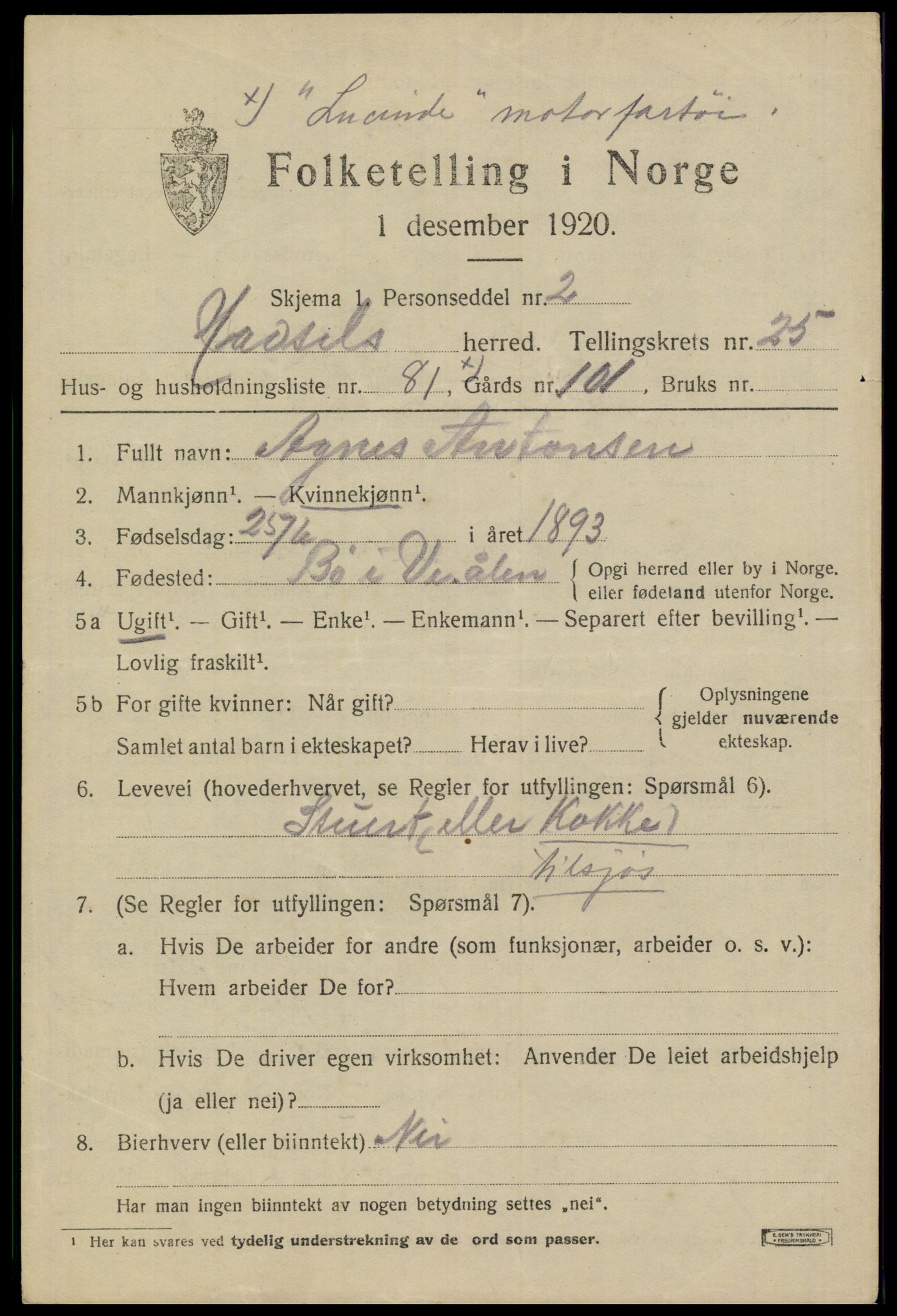 SAT, 1920 census for Hadsel, 1920, p. 22884