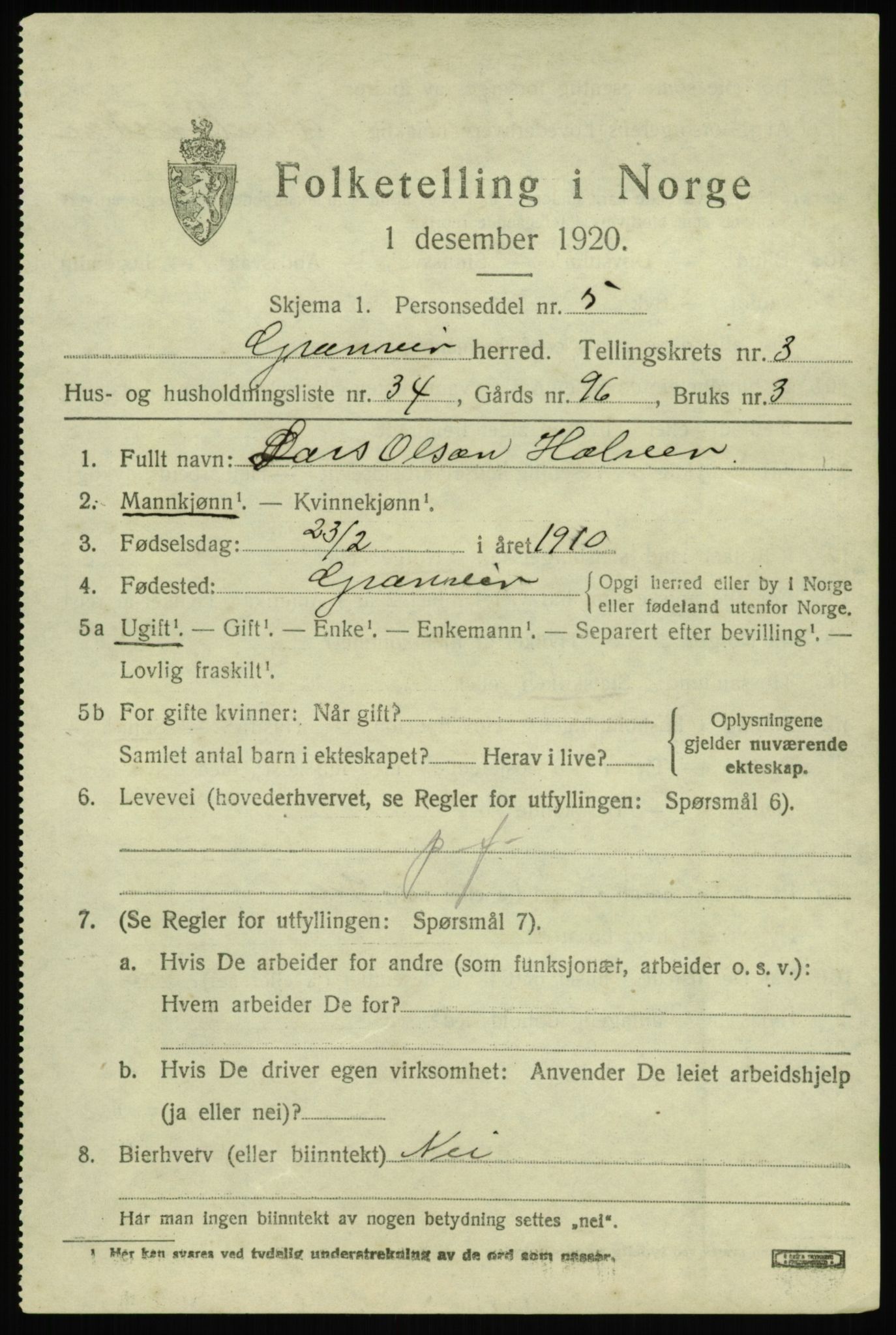 SAB, 1920 census for Granvin, 1920, p. 1532
