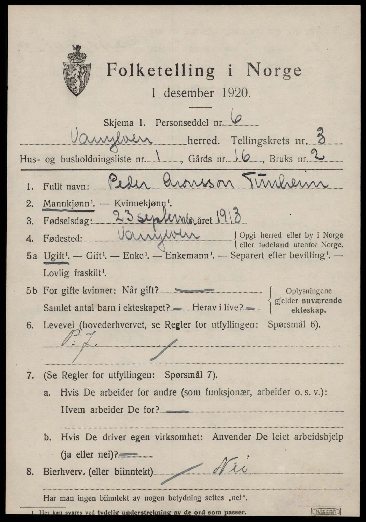 SAT, 1920 census for Vanylven, 1920, p. 1839