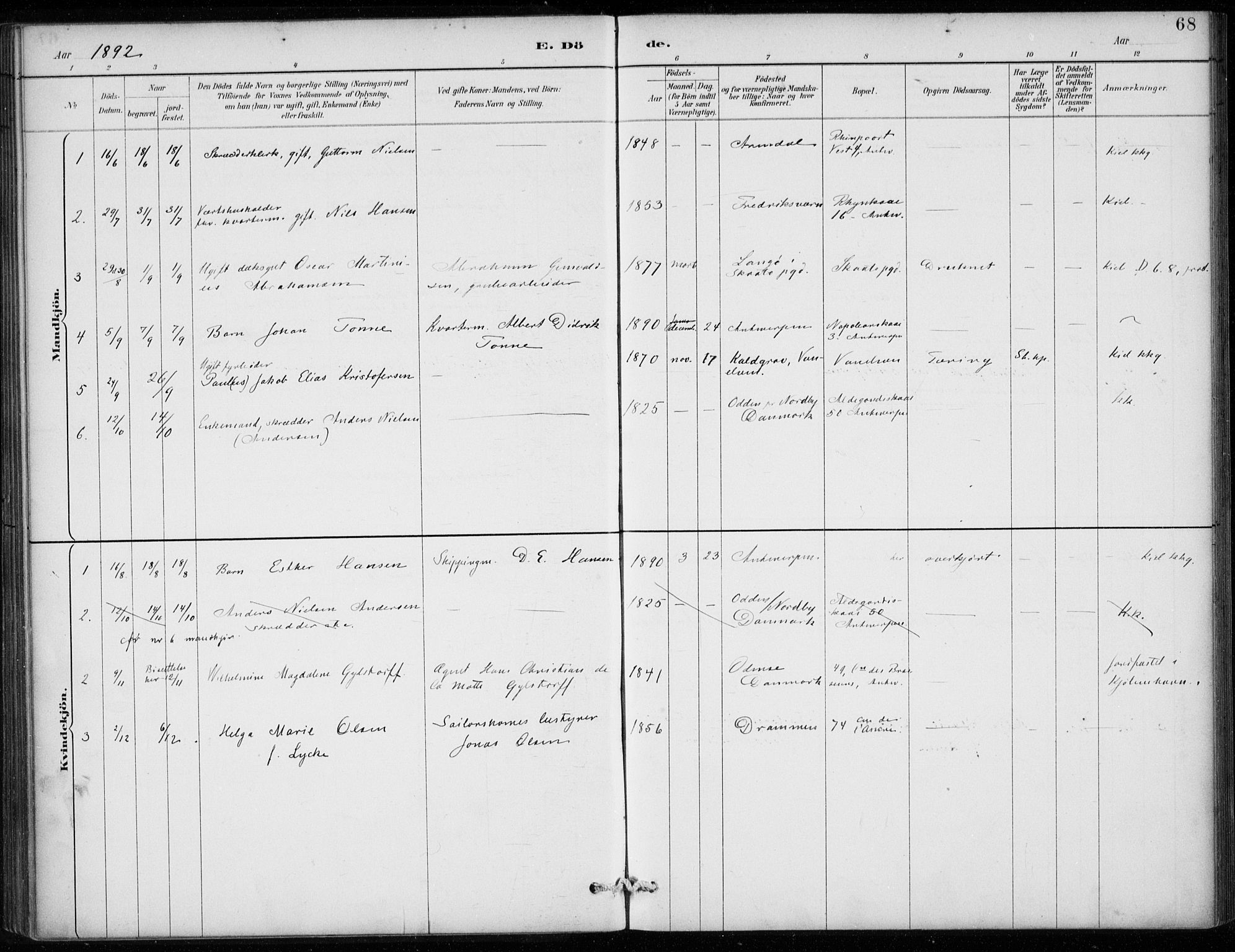 Den norske sjømannsmisjon i utlandet/Antwerpen, SAB/SAB/PA-0105/H/Ha/L0002: Parish register (official) no. A 2, 1887-1913, p. 68