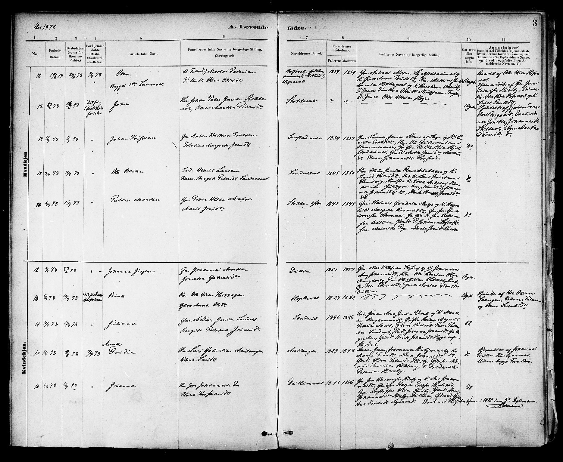 Ministerialprotokoller, klokkerbøker og fødselsregistre - Nord-Trøndelag, AV/SAT-A-1458/714/L0130: Parish register (official) no. 714A01, 1878-1895, p. 3