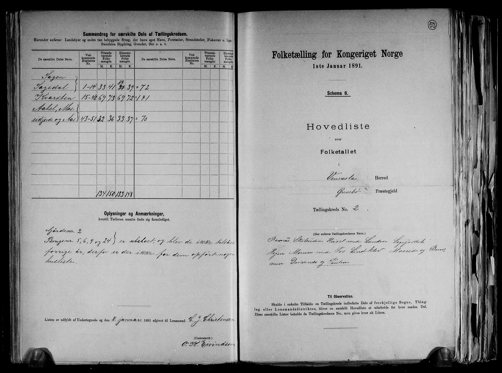RA, 1891 census for 1014 Vennesla, 1891, p. 7