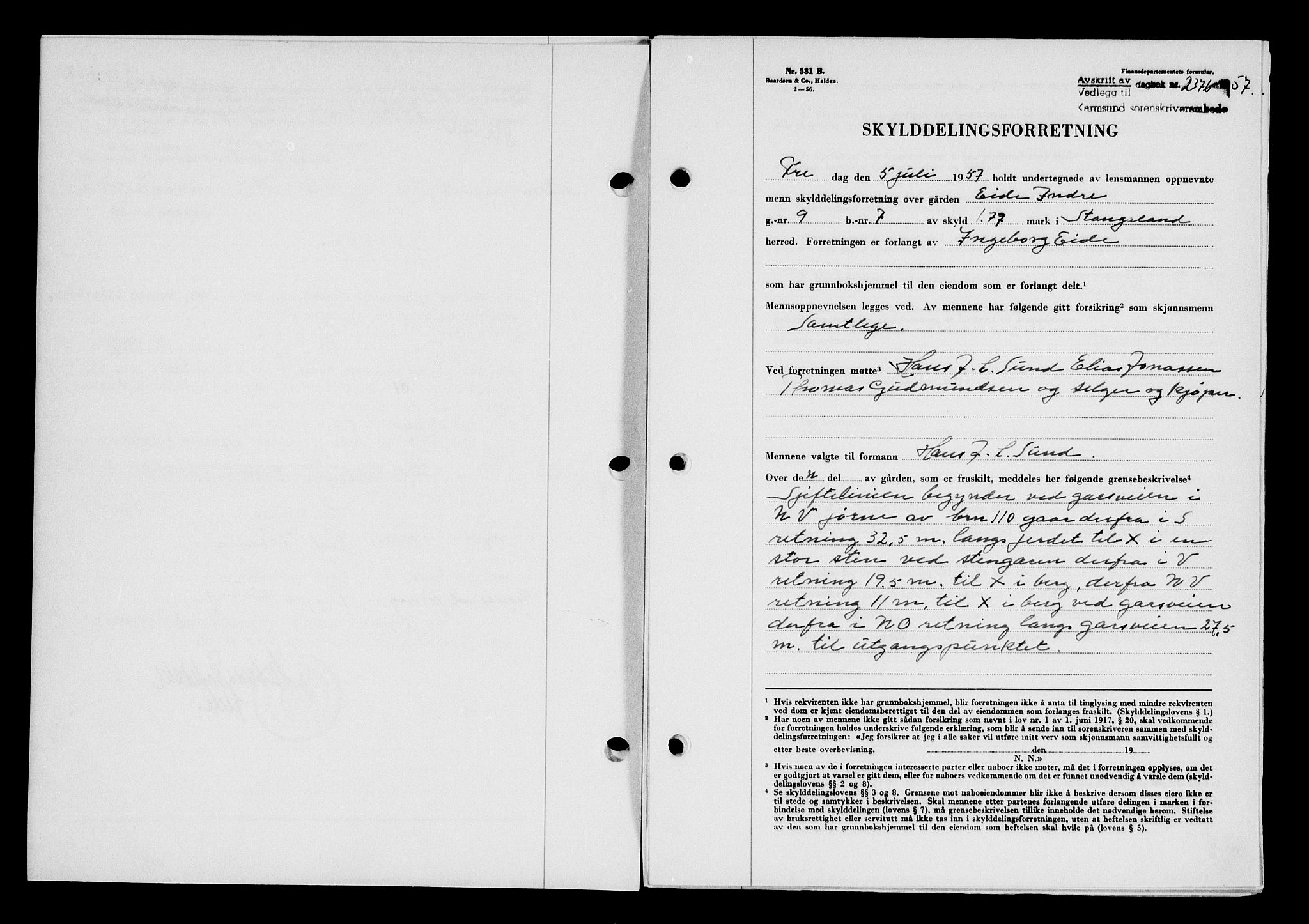 Karmsund sorenskriveri, SAST/A-100311/01/II/IIB/L0125: Mortgage book no. 105A, 1957-1957, Diary no: : 2376/1957