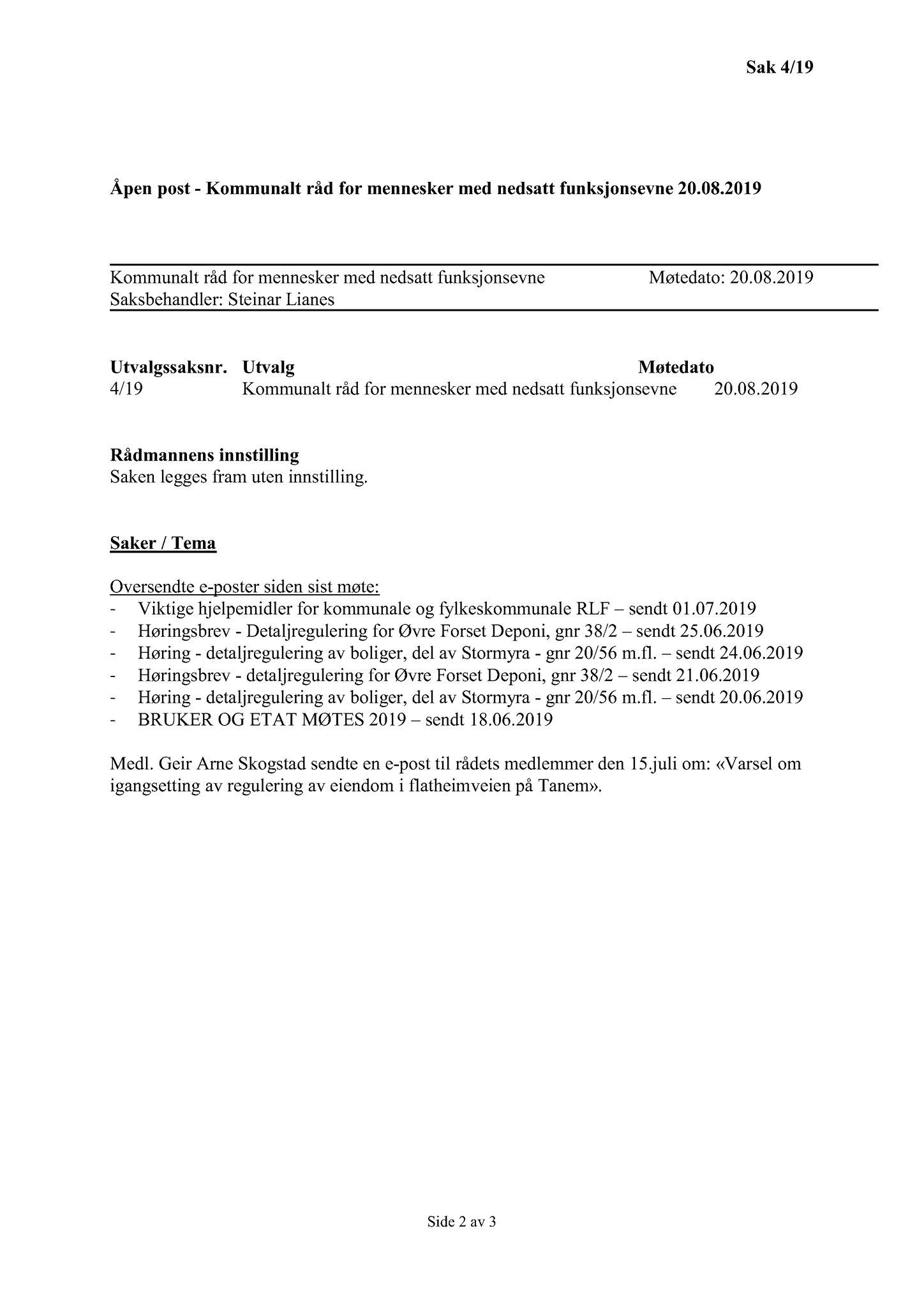 Klæbu Kommune, TRKO/KK/08-KMNF/L009: Kommunalt råd for mennesker med nedsatt funksjonsevne - Møteoversikt, 2019, p. 18