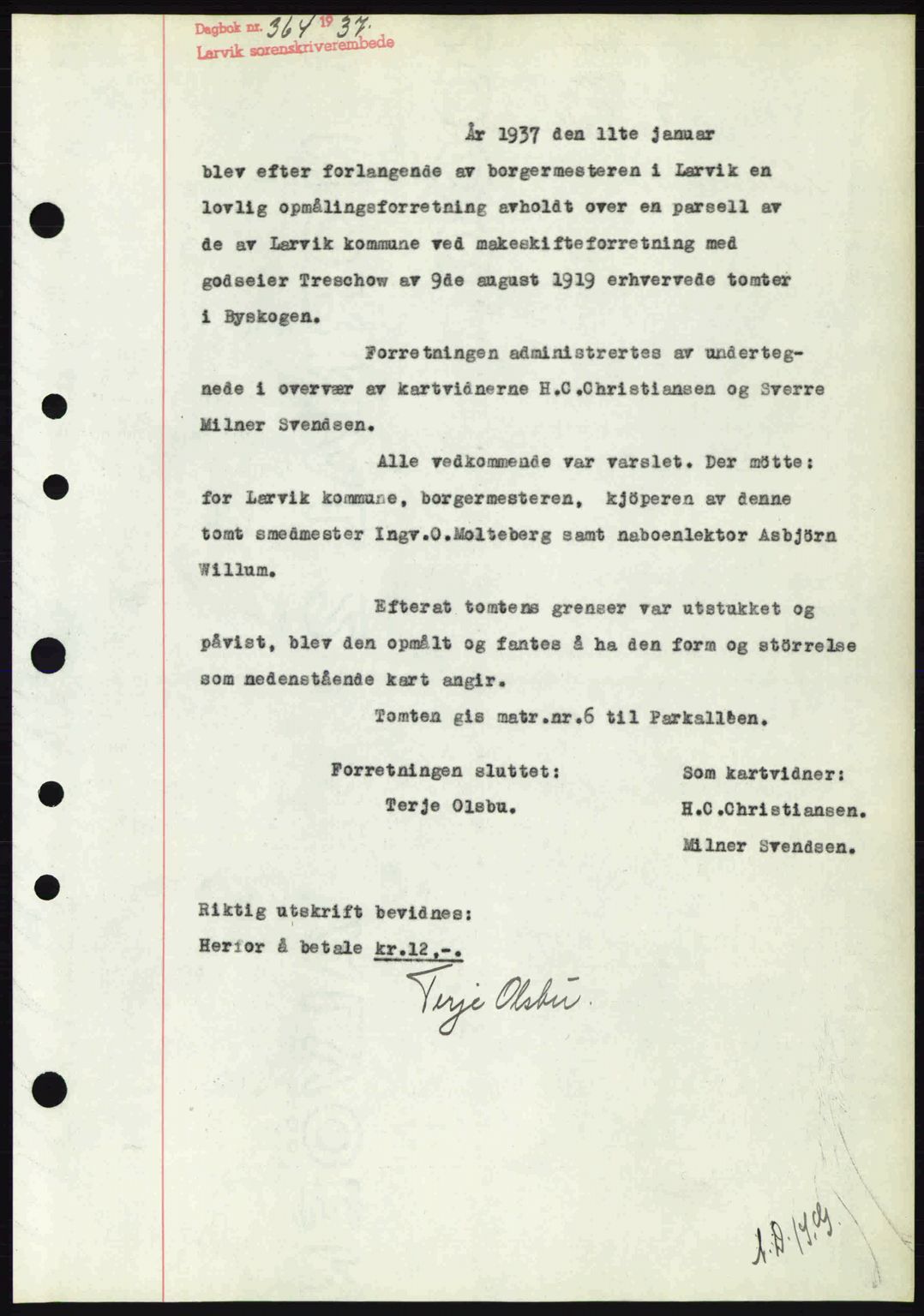 Larvik sorenskriveri, SAKO/A-83/G/Ga/Gab/L0067: Mortgage book no. A-1, 1936-1937, Diary no: : 364/1937