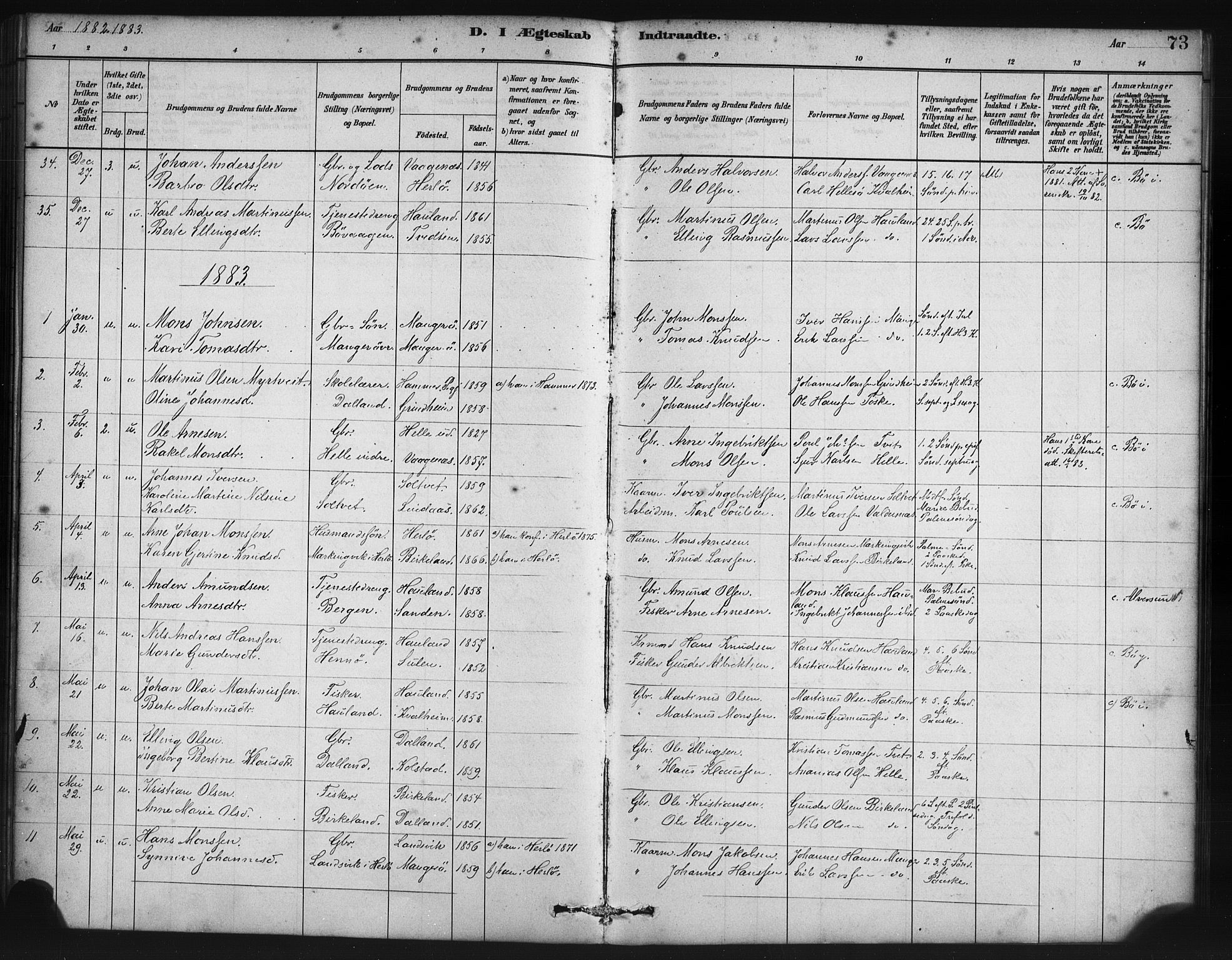 Manger sokneprestembete, SAB/A-76801/H/Haa: Parish register (official) no. B 1, 1881-1892, p. 73
