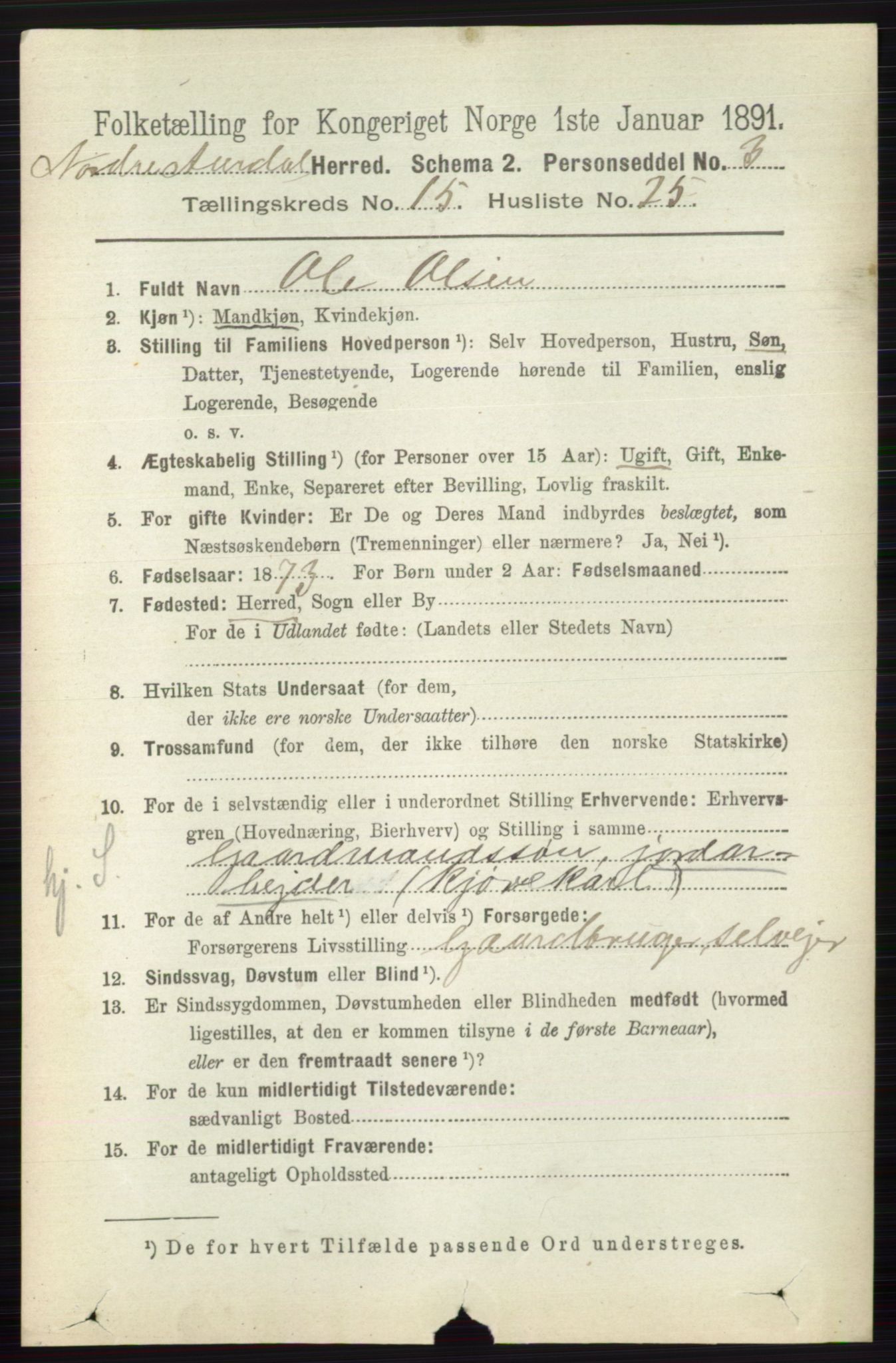 RA, 1891 census for 0542 Nord-Aurdal, 1891, p. 5870