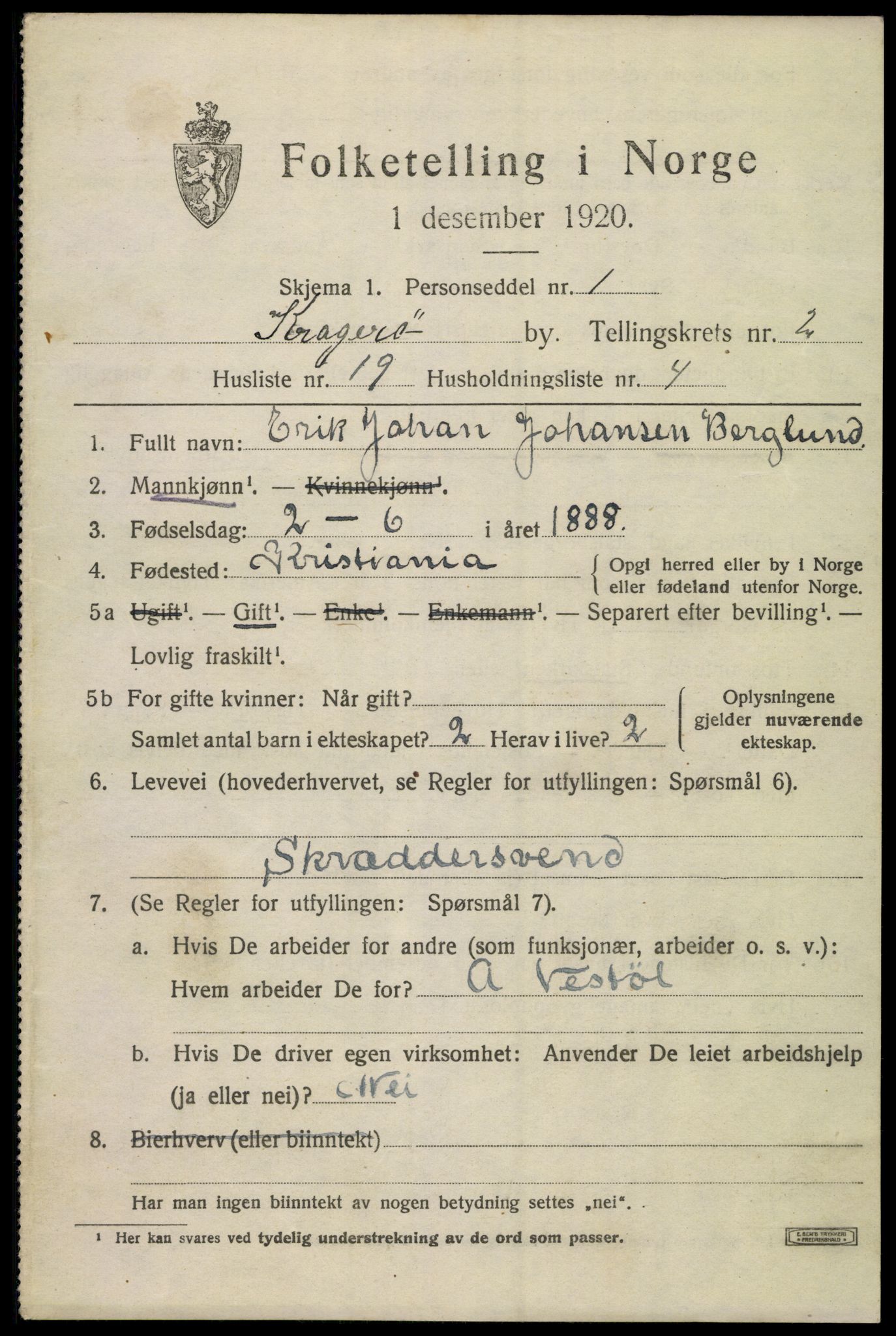 SAKO, 1920 census for Kragerø, 1920, p. 5581