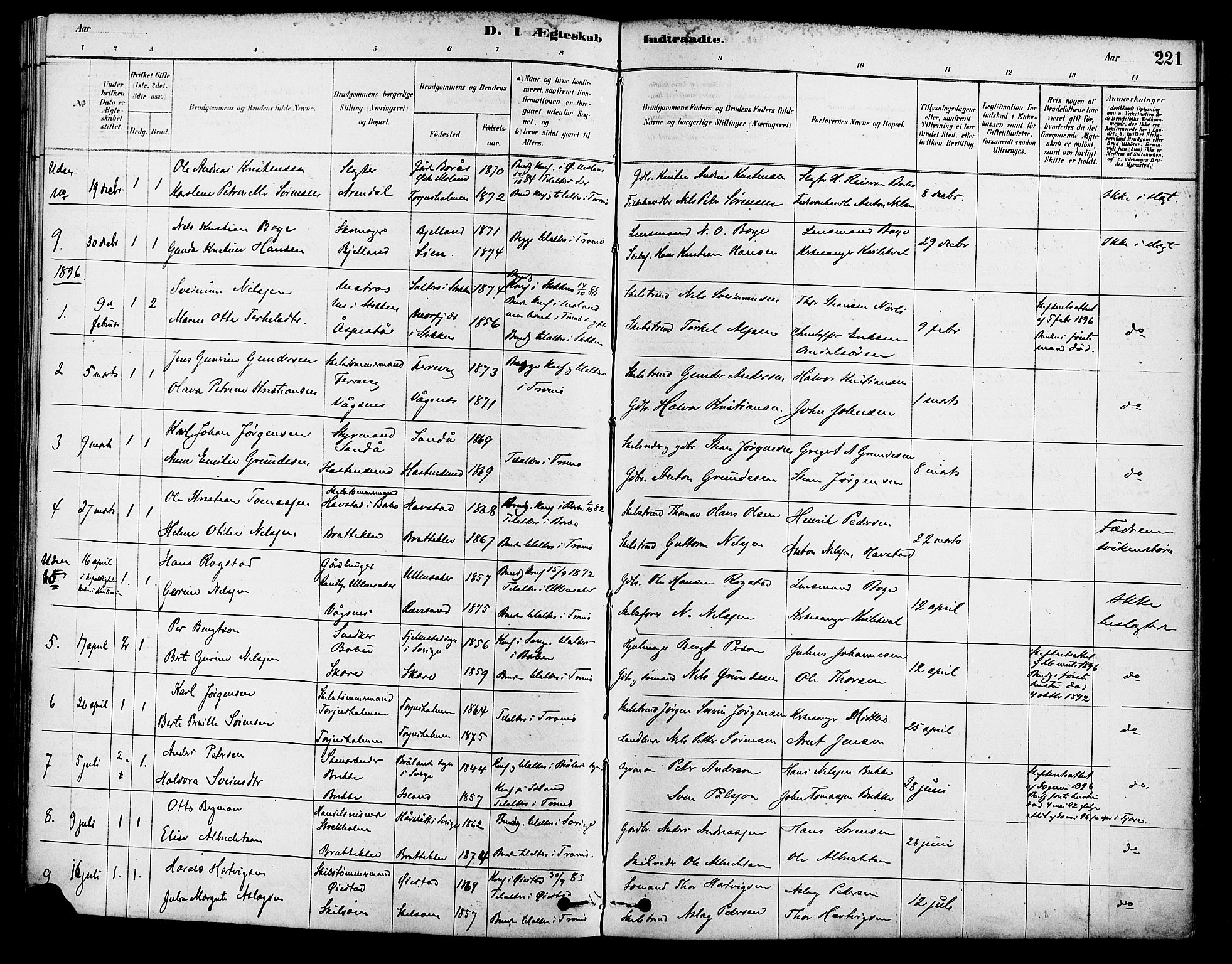 Tromøy sokneprestkontor, AV/SAK-1111-0041/F/Fa/L0009: Parish register (official) no. A 9, 1878-1896, p. 221