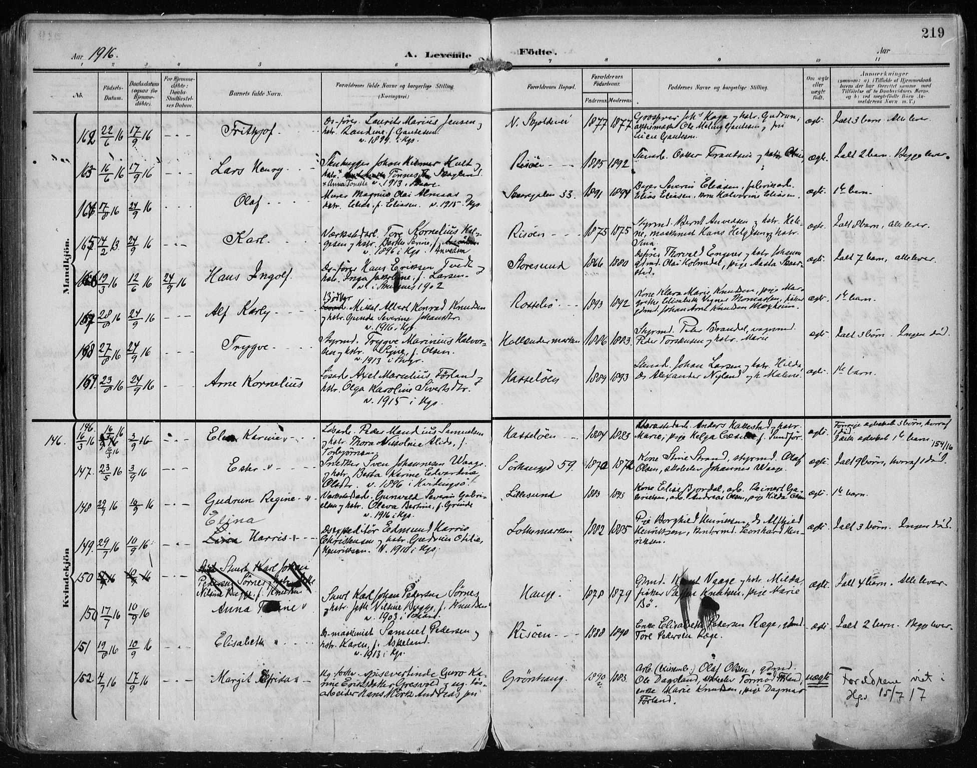 Haugesund sokneprestkontor, AV/SAST-A -101863/H/Ha/Haa/L0008: Parish register (official) no. A 8, 1908-1921, p. 219