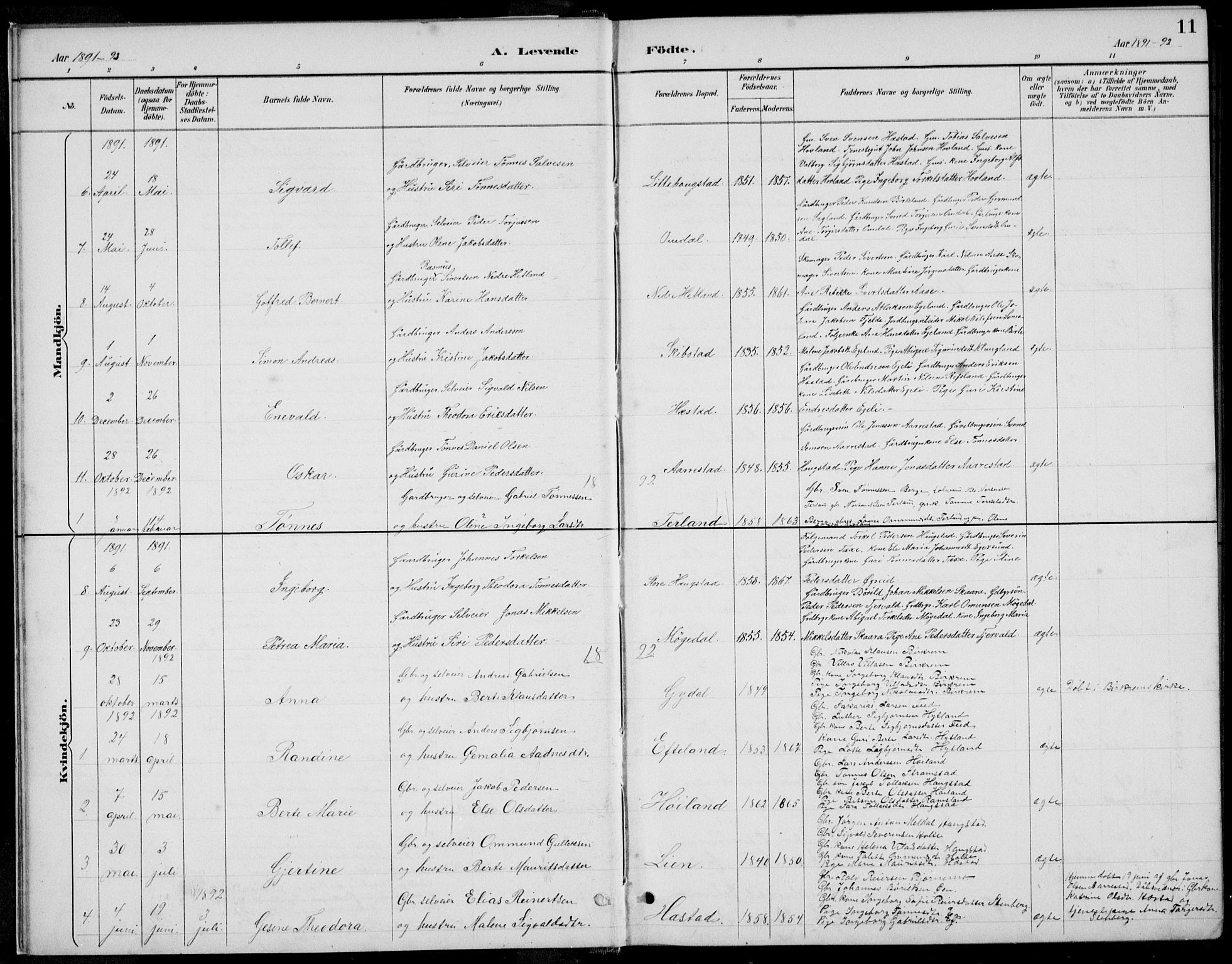 Helleland sokneprestkontor, AV/SAST-A-101810: Parish register (copy) no. B 4, 1887-1941, p. 11