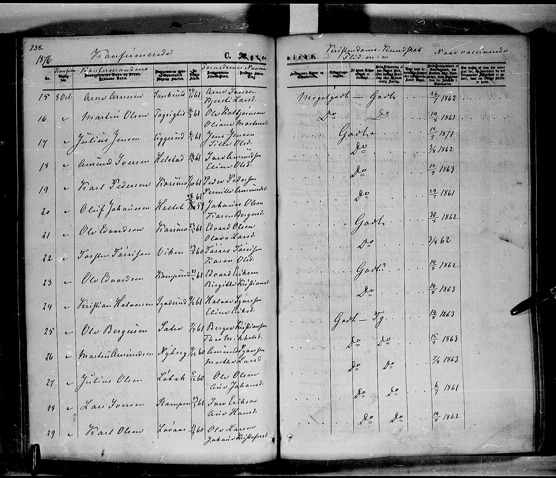 Hof prestekontor, AV/SAH-PREST-038/H/Ha/Haa/L0009: Parish register (official) no. 9, 1862-1877, p. 238