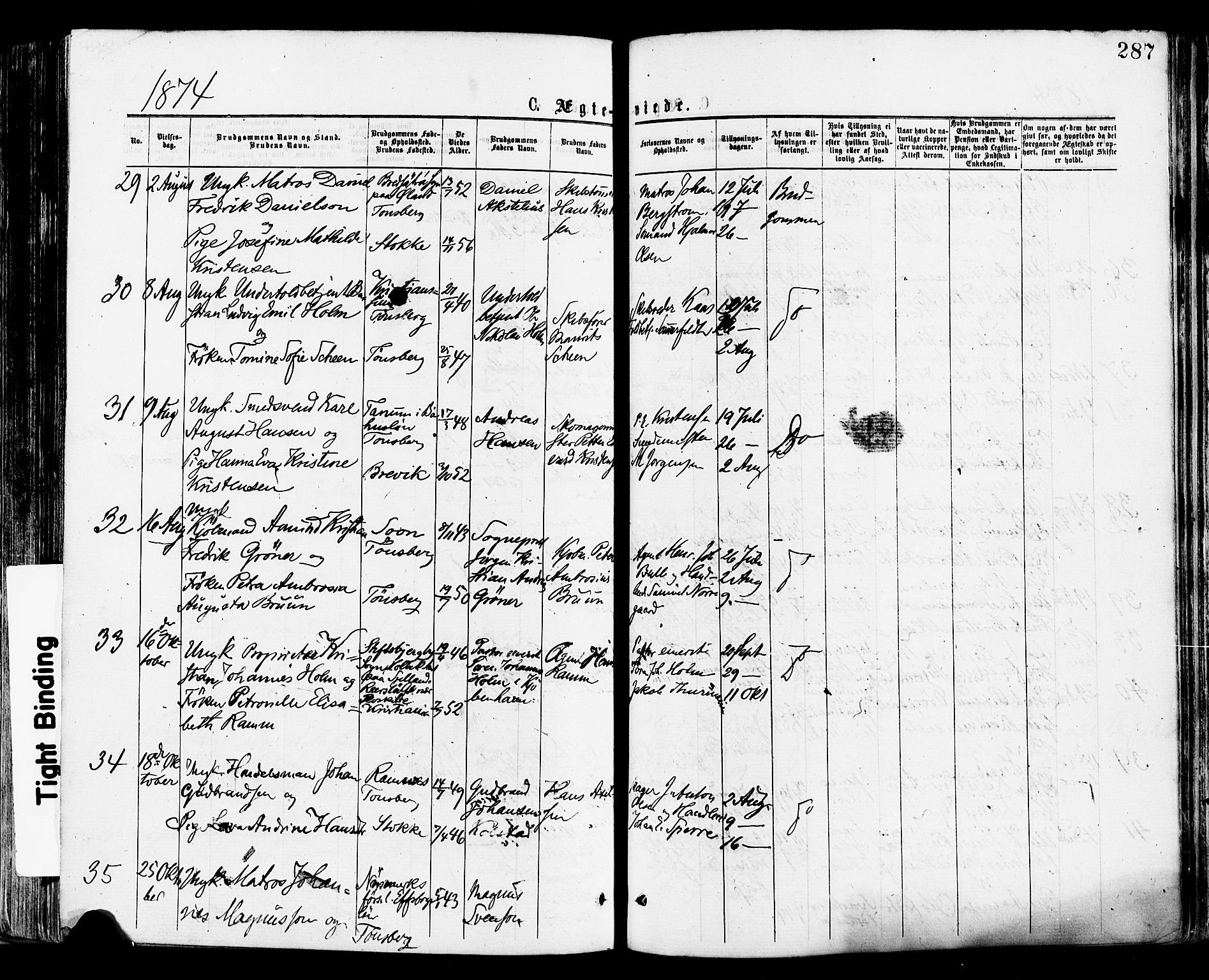 Tønsberg kirkebøker, AV/SAKO-A-330/F/Fa/L0010: Parish register (official) no. I 10, 1874-1880, p. 287